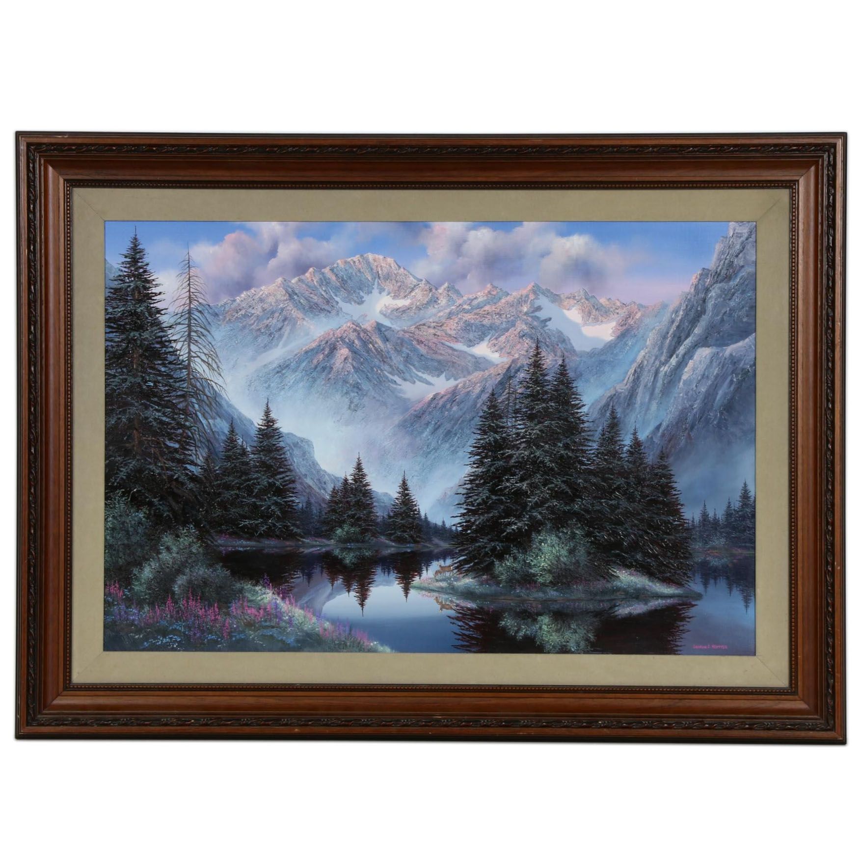 Sharon J. Achtyes Mountain Lake Landscape with Deer Oil Painting