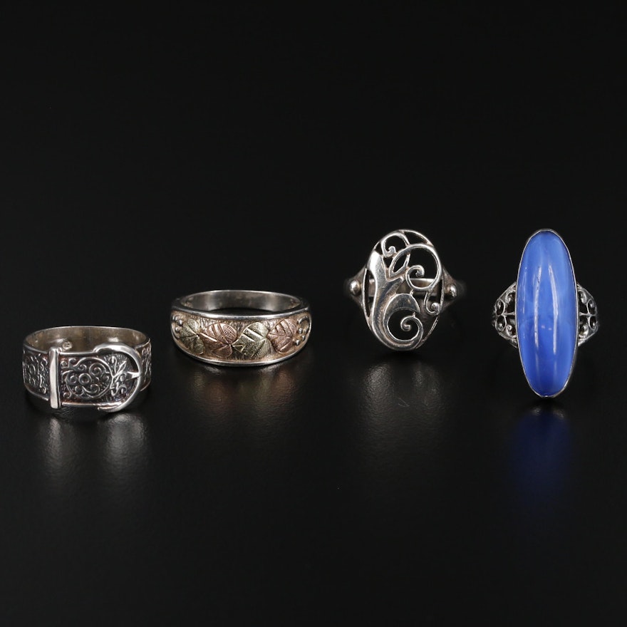 Collection of Sterling Silver Rings with Foliage and Buckle Rings