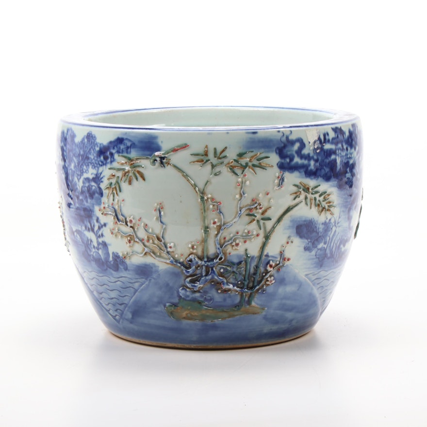 East Asian Blue and White Ceramic Planter with Flowering Tree Motif