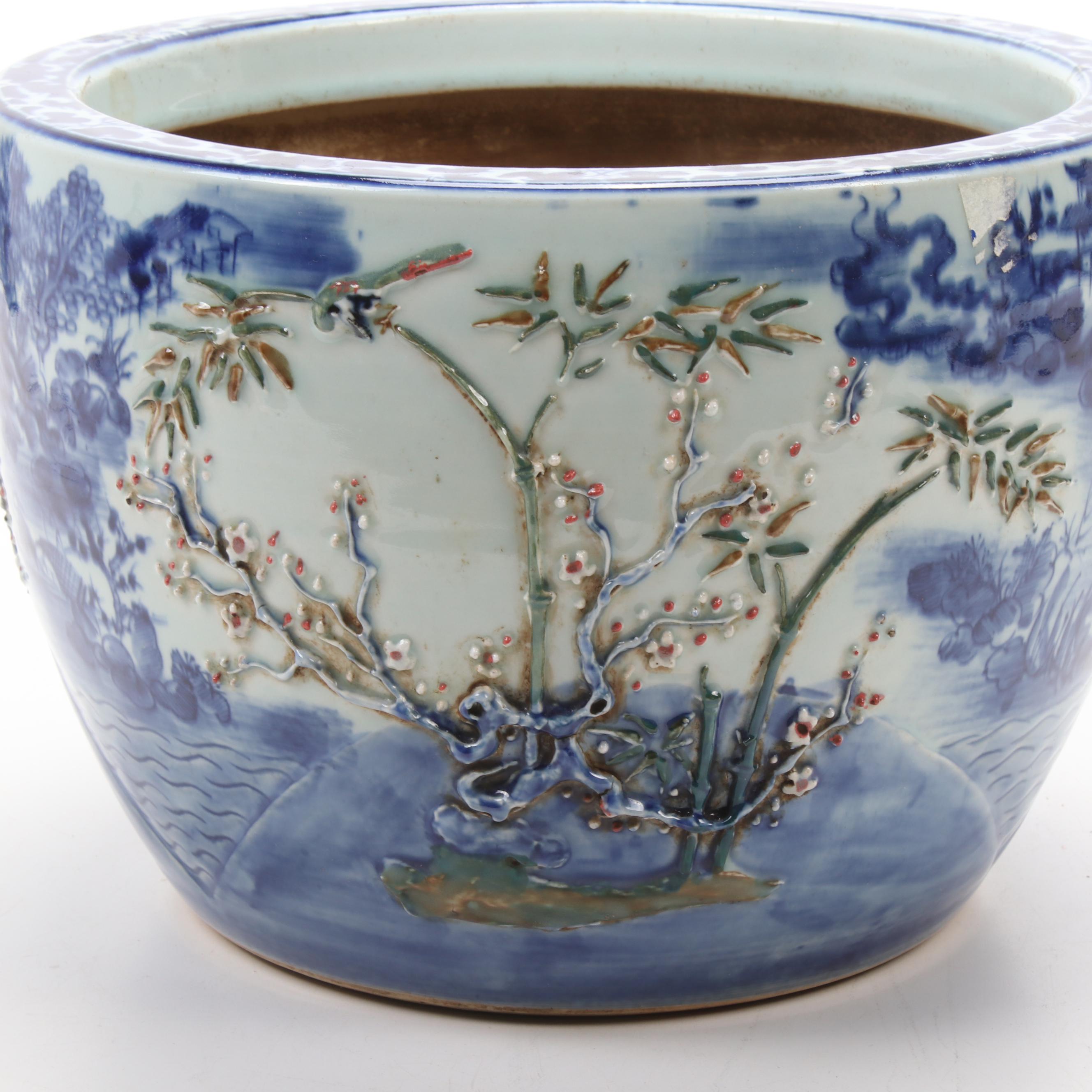 East Asian Blue and White Ceramic Planter with Flowering Tree Motif