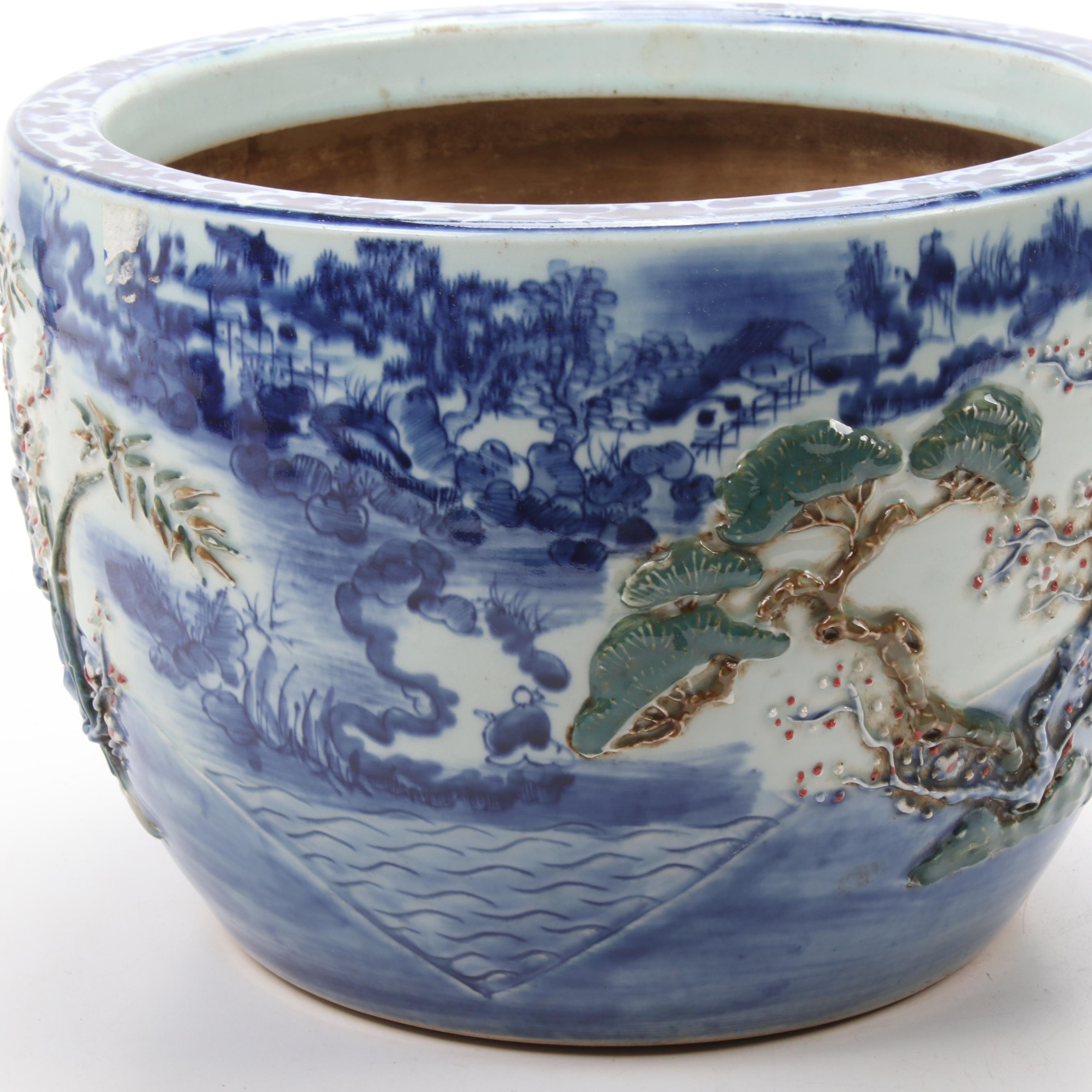 East Asian Blue and White Ceramic Planter with Flowering Tree Motif