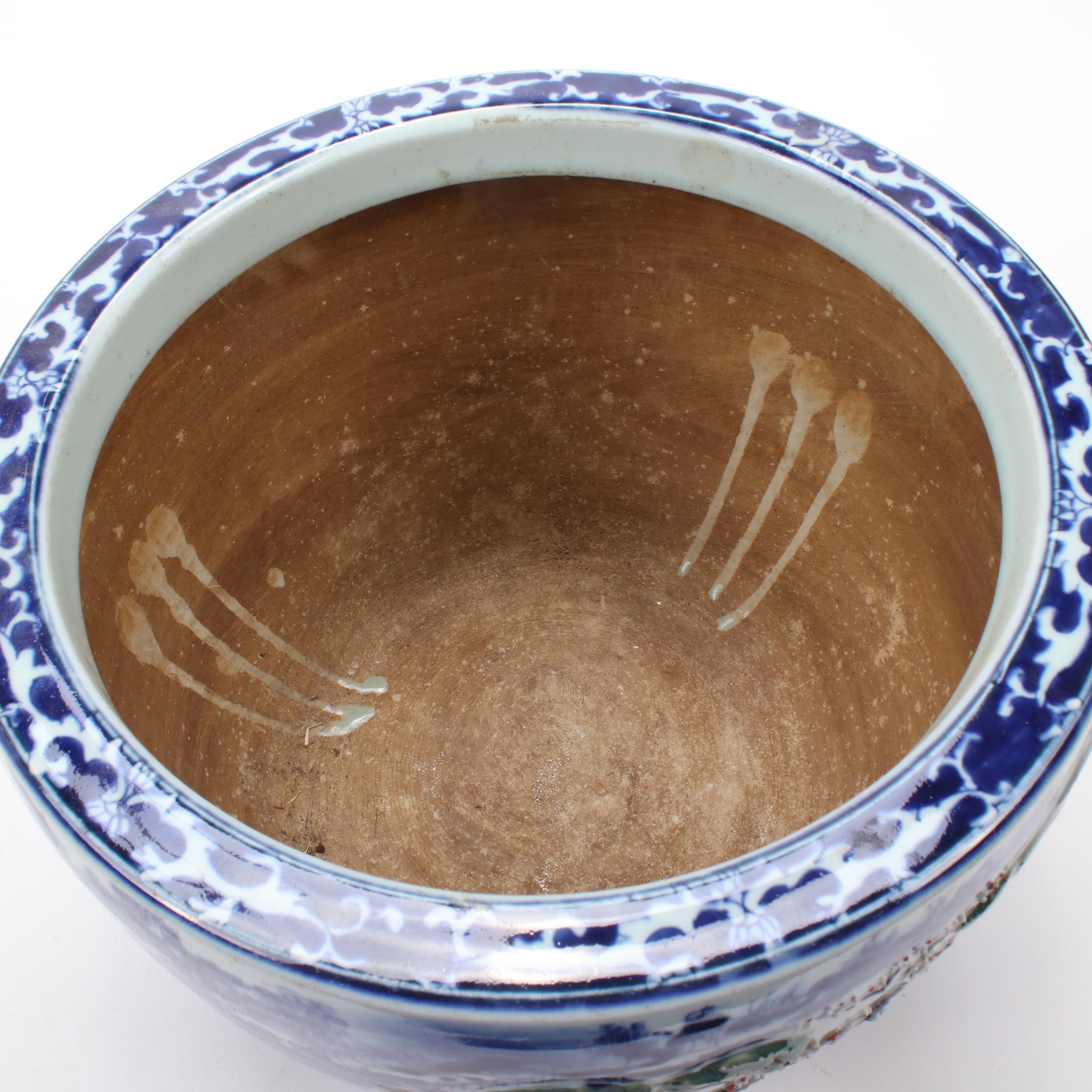 East Asian Blue and White Ceramic Planter with Flowering Tree Motif