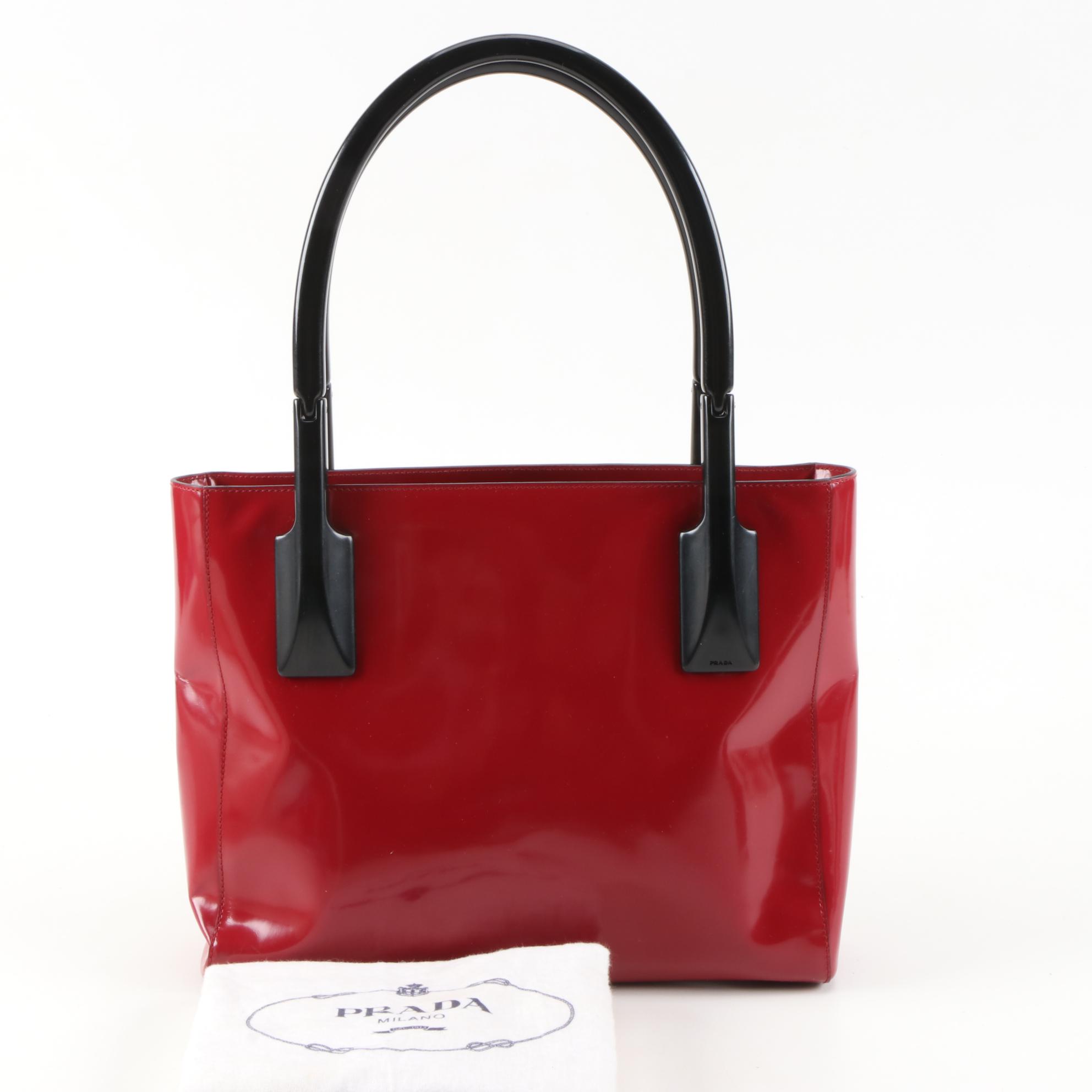 Prada Red Patent Leather Shoulder Bag with Black Hinged Handles