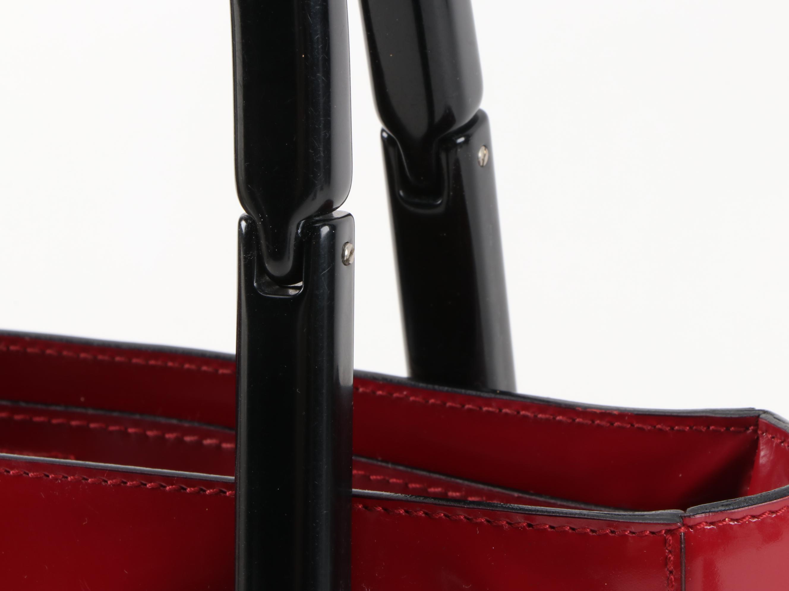 Prada Red Patent Leather Shoulder Bag with Black Hinged Handles