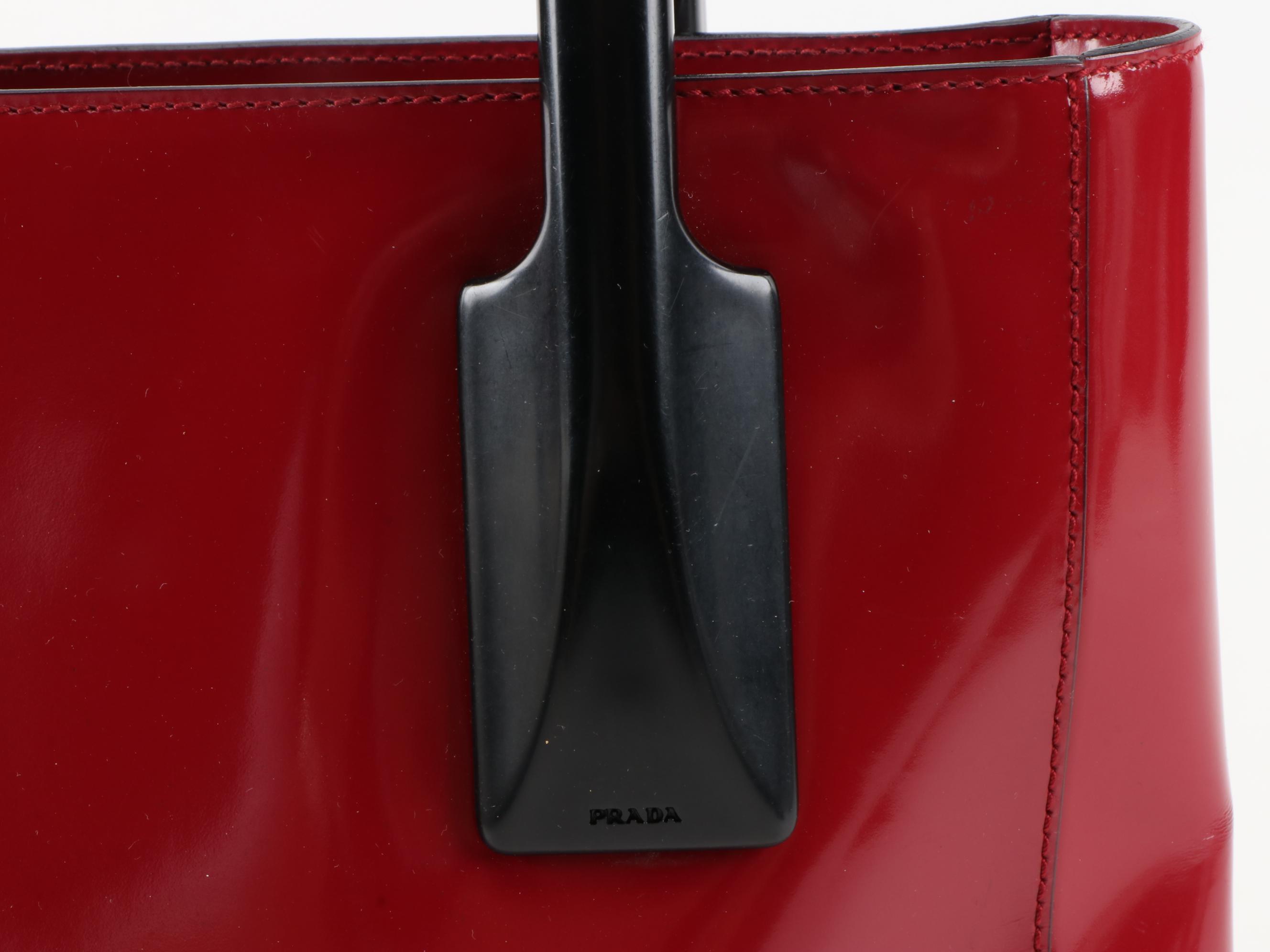 Prada Red Patent Leather Shoulder Bag with Black Hinged Handles