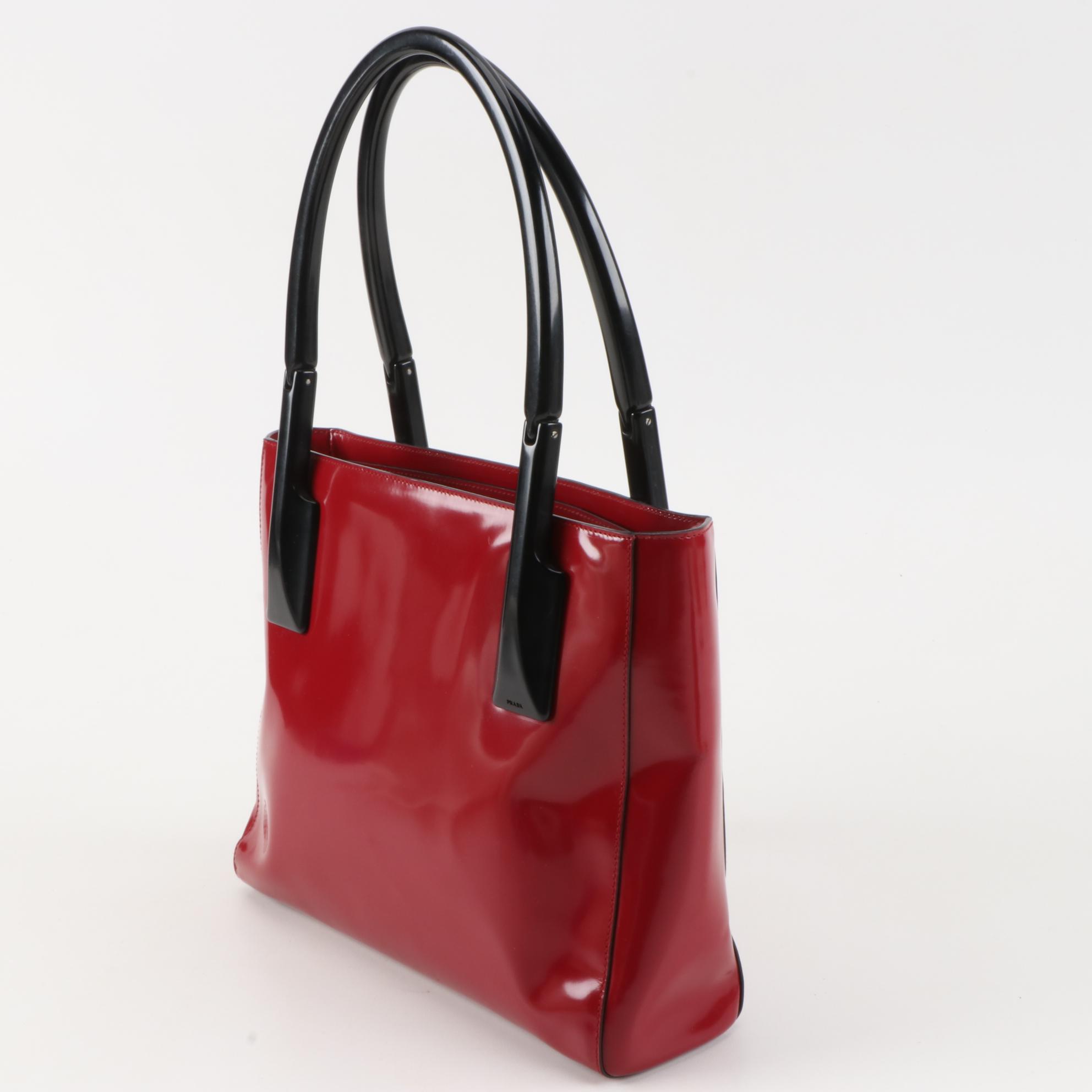 Prada Red Patent Leather Shoulder Bag with Black Hinged Handles