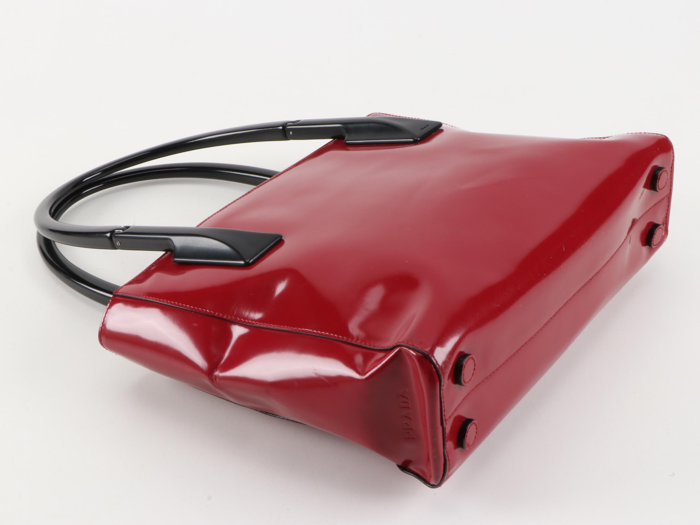 Prada Red Patent Leather Shoulder Bag with Black Hinged Handles