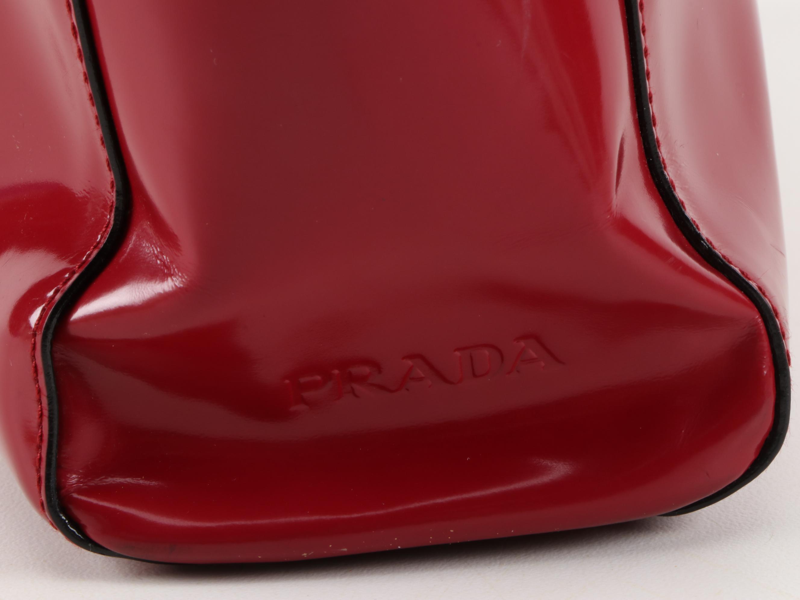 Prada Red Patent Leather Shoulder Bag with Black Hinged Handles