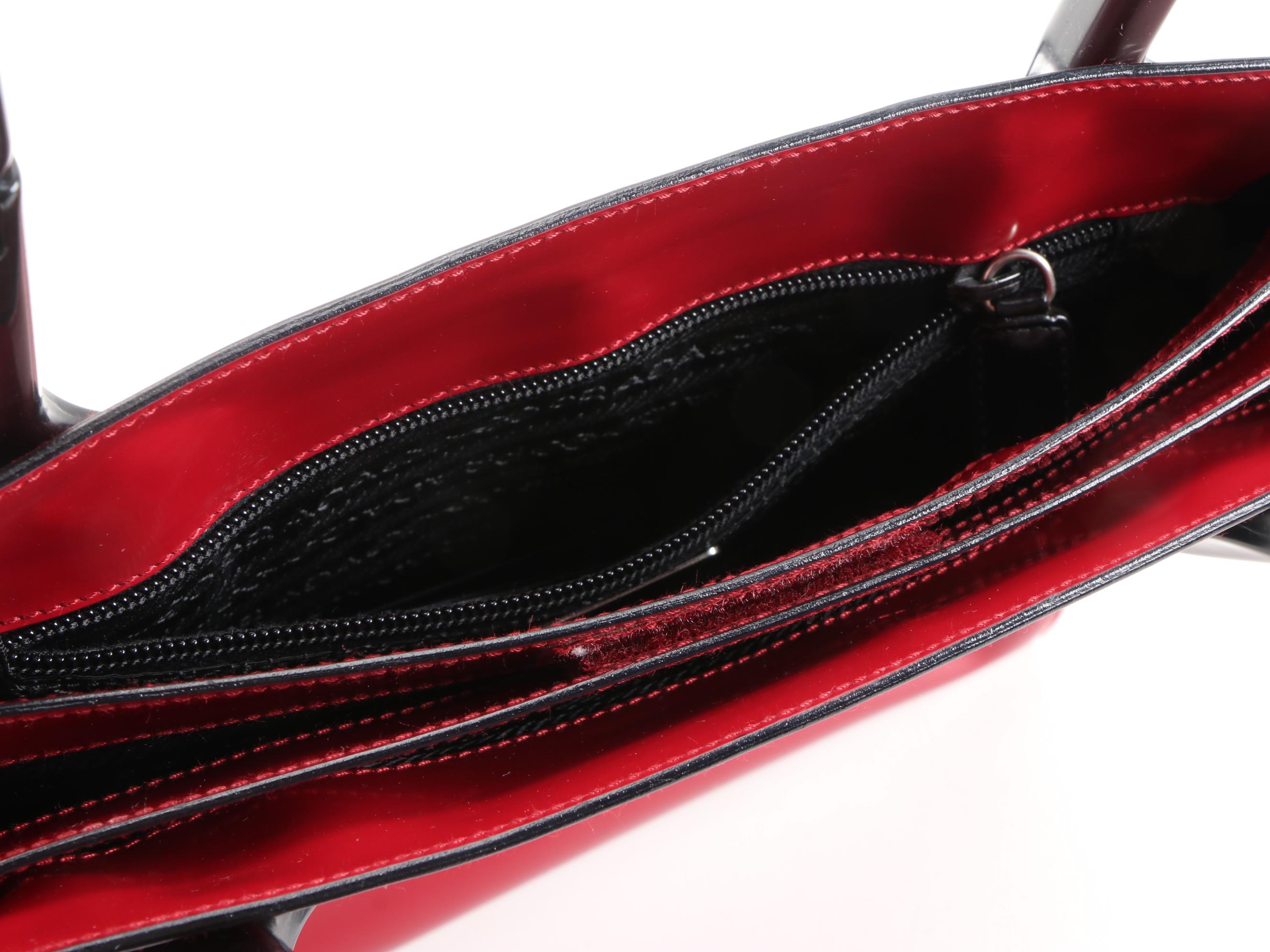 Prada Red Patent Leather Shoulder Bag with Black Hinged Handles