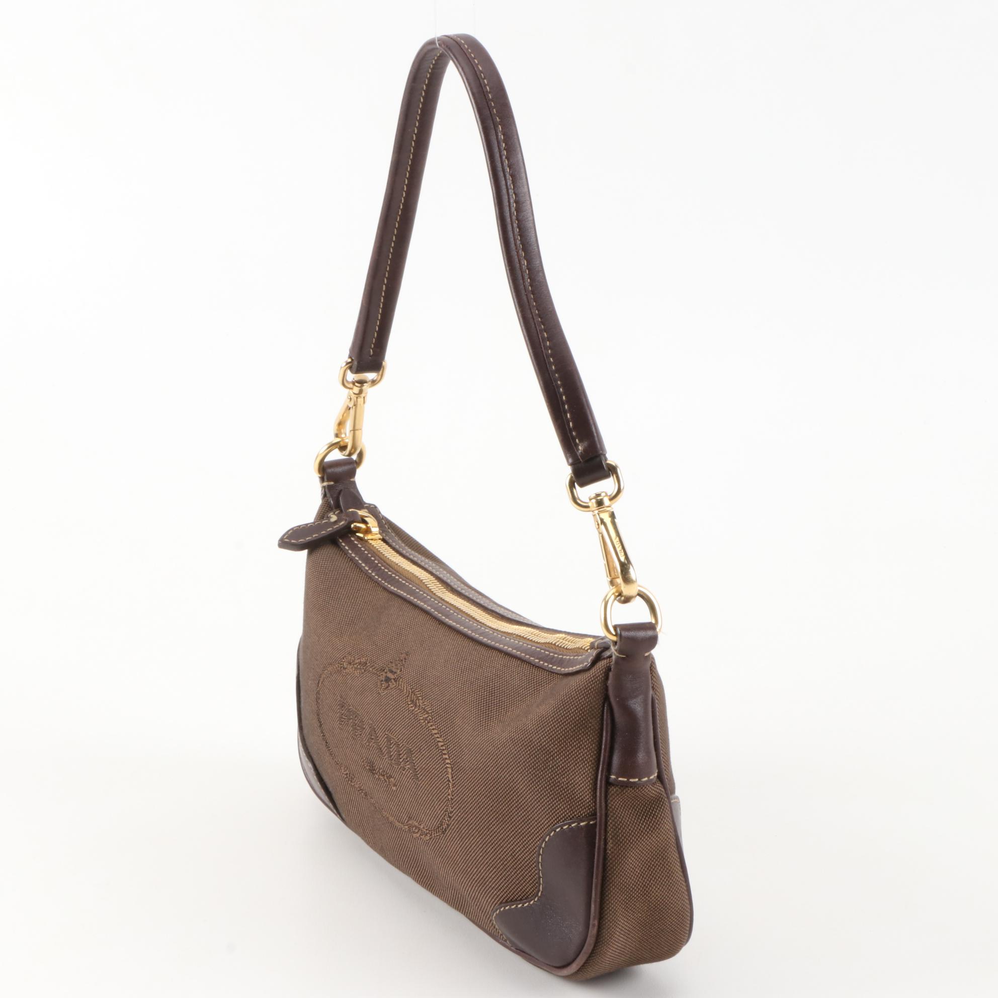 Prada Pochette Handbag in Brown Canapa Canvas and Leather
