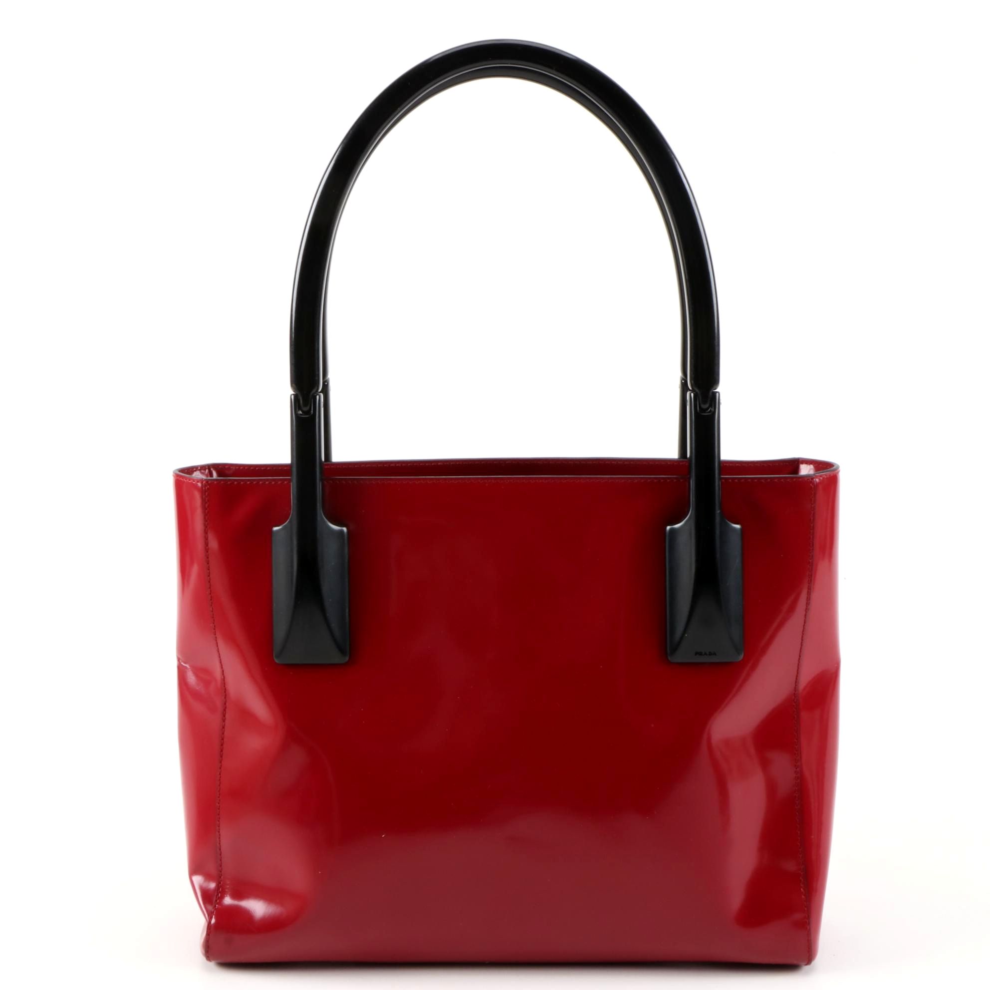 Prada Red Patent Leather Shoulder Bag with Black Hinged Handles
