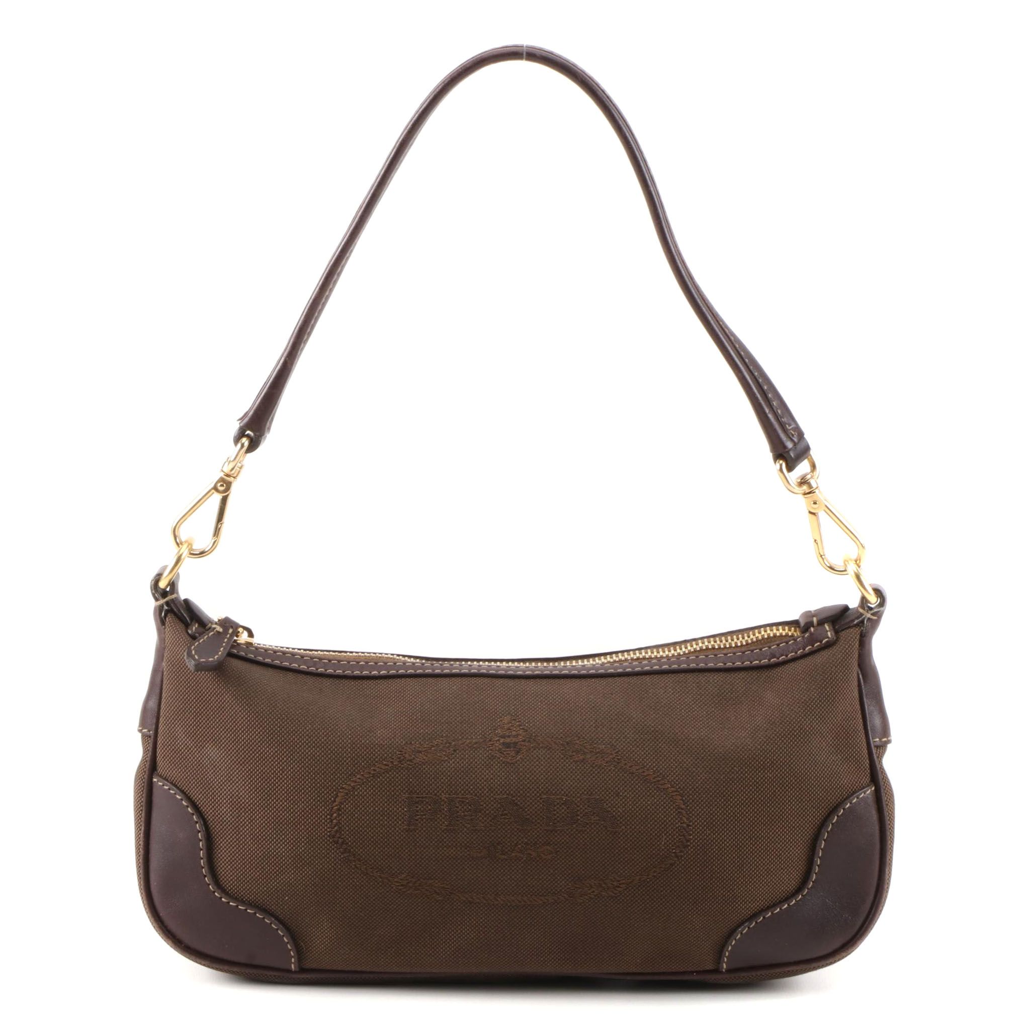Prada Pochette Handbag in Brown Canapa Canvas and Leather