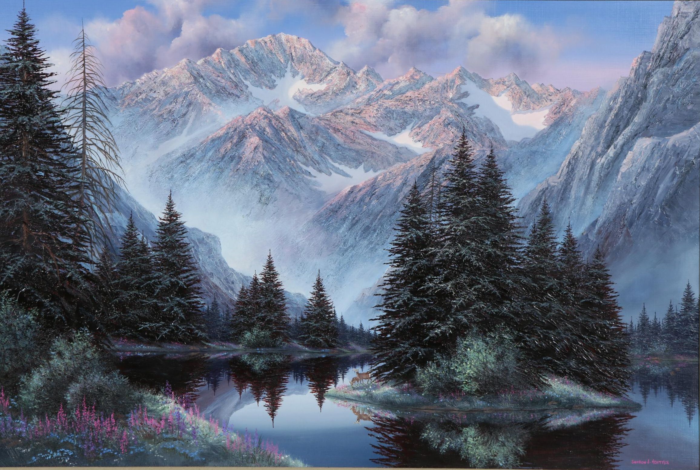 Sharon J. Achtyes Mountain Lake Landscape with Deer Oil Painting