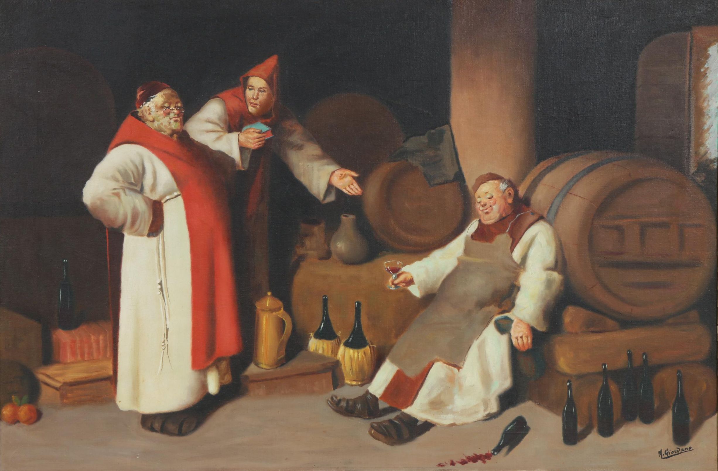 M. Giordano Monastery Wine Cellar Oil Painting, Mid to Late 20th Century