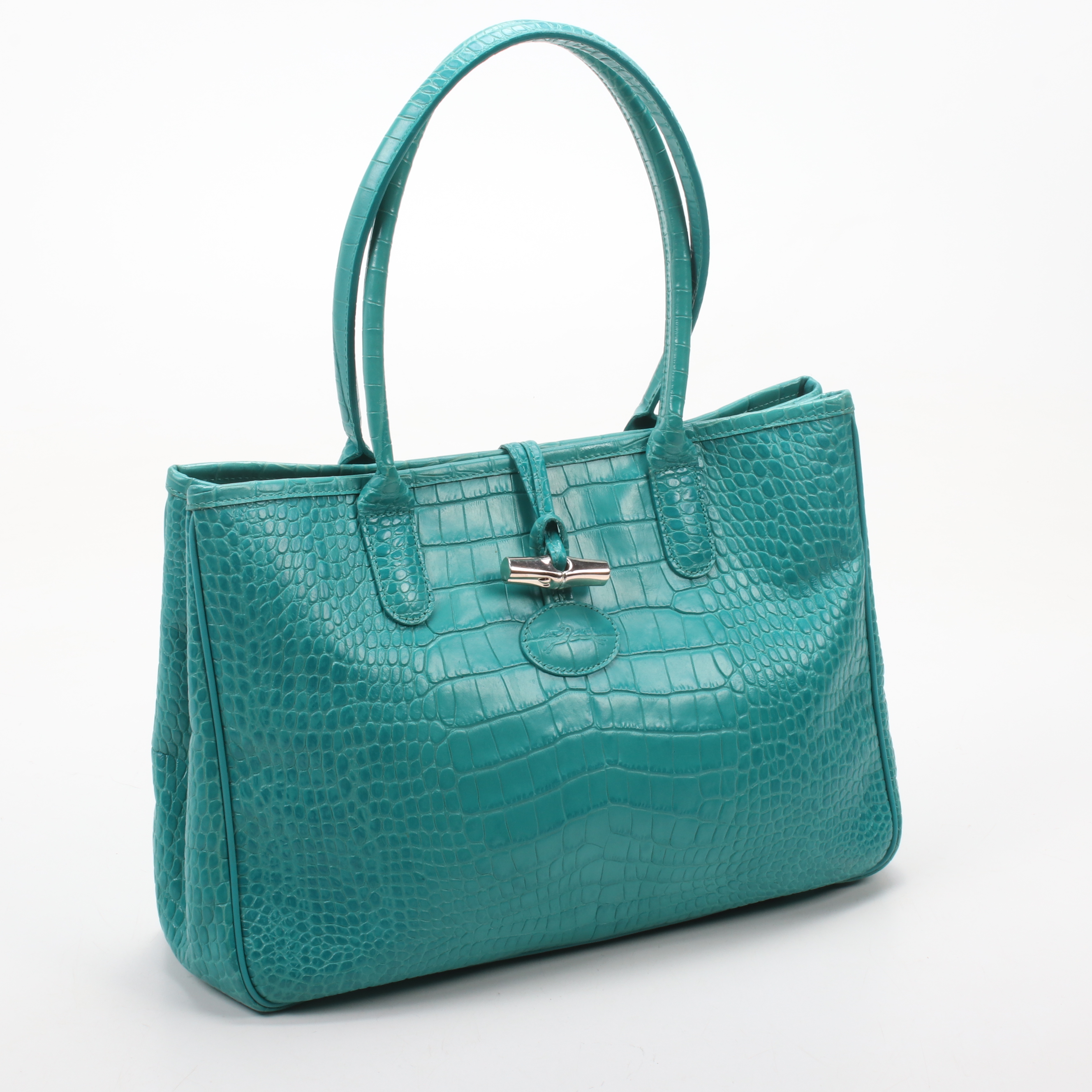 Longchamp Croc-Embossed Turquoise Leather Roseau Toggle Tote Shoulder Bag