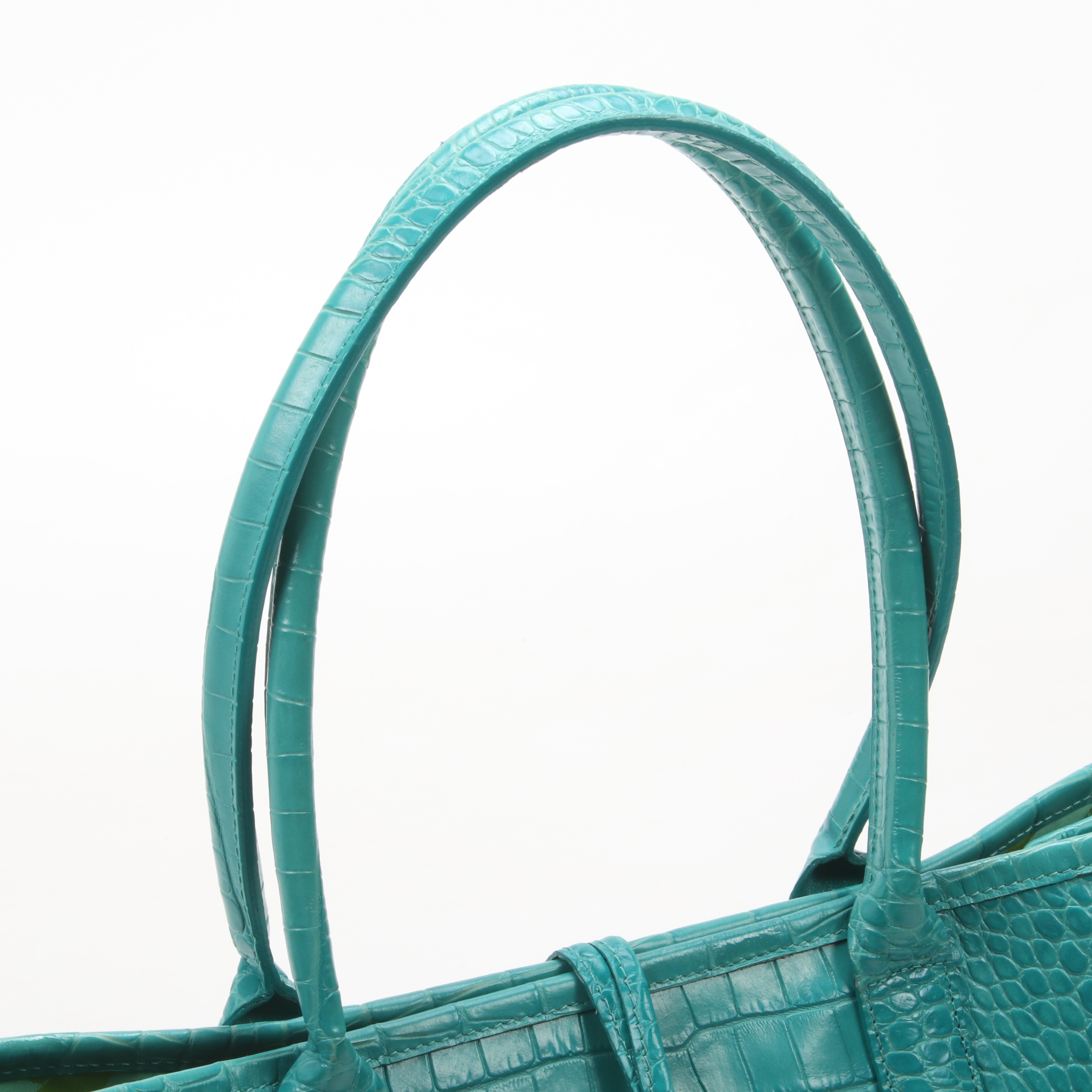 Longchamp Croc-Embossed Turquoise Leather Roseau Toggle Tote Shoulder Bag