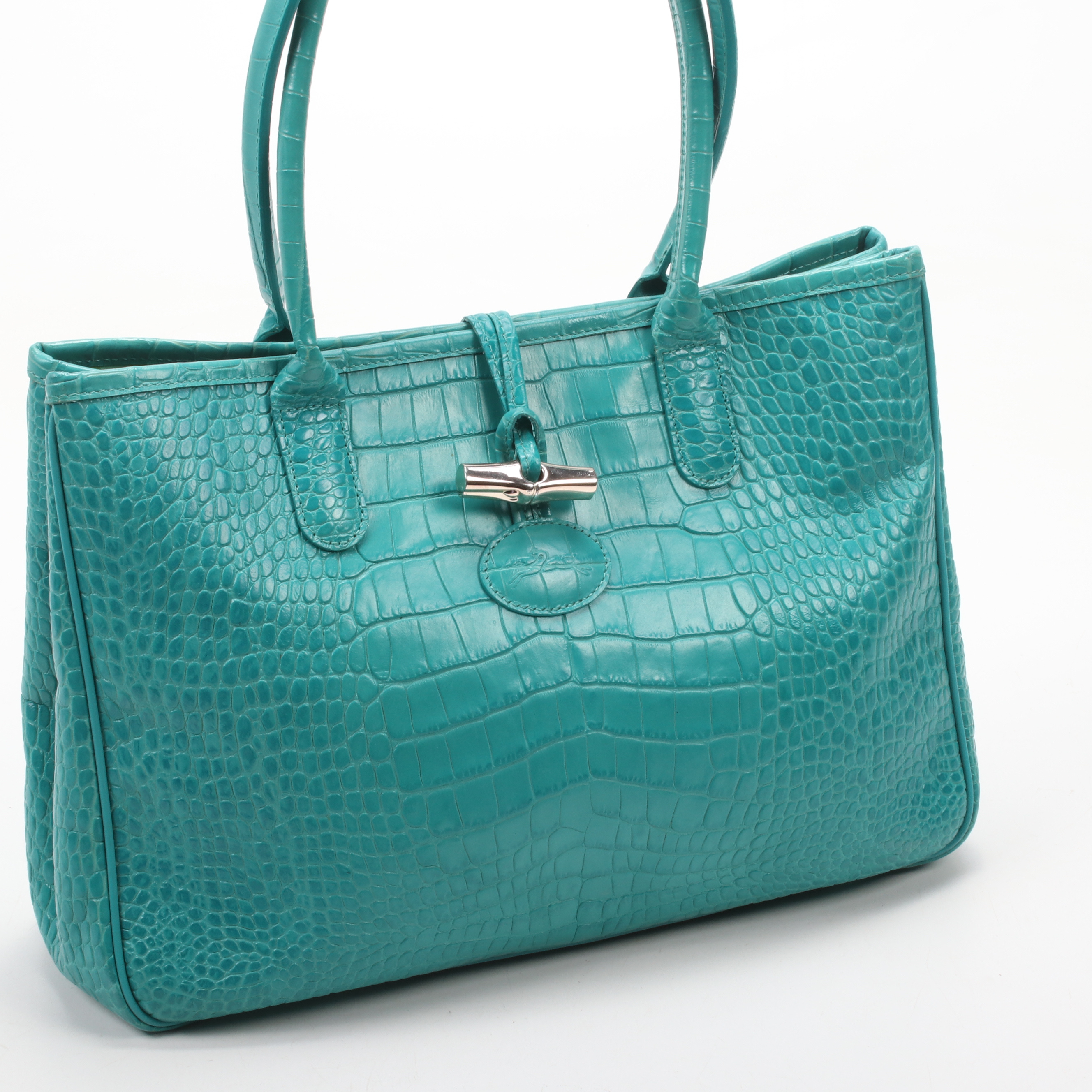 Longchamp Croc-Embossed Turquoise Leather Roseau Toggle Tote Shoulder Bag
