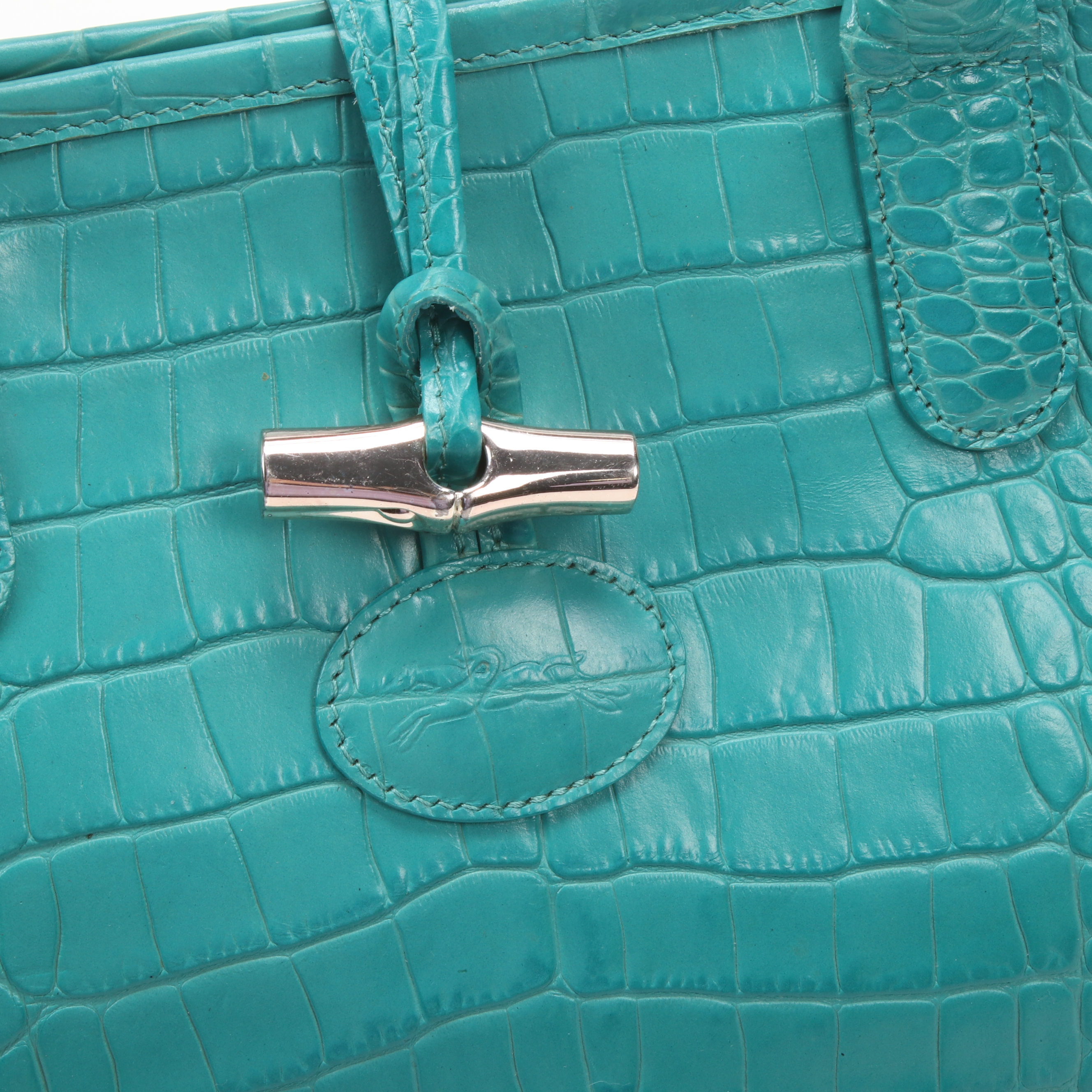 Longchamp Croc-Embossed Turquoise Leather Roseau Toggle Tote Shoulder Bag