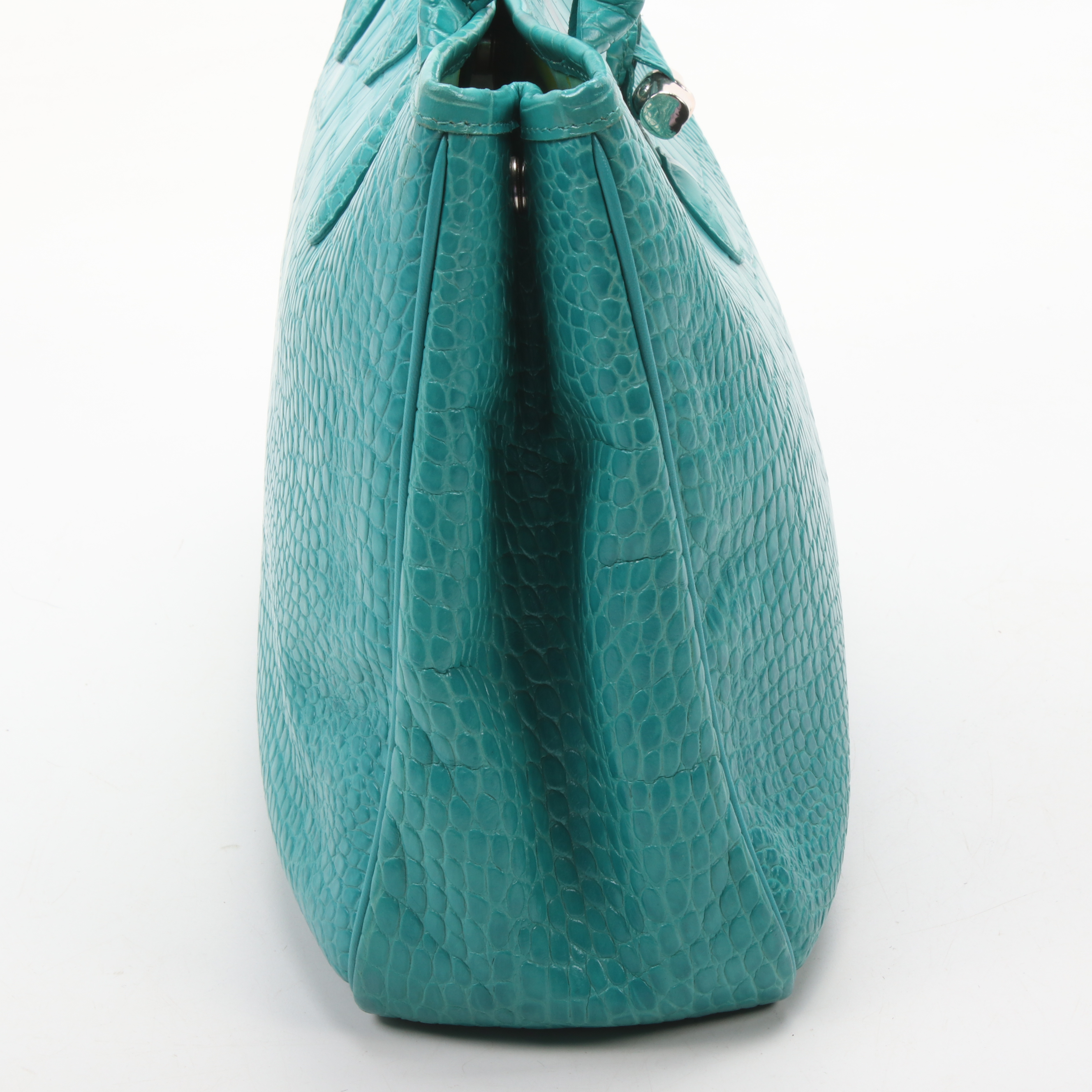 Longchamp Croc-Embossed Turquoise Leather Roseau Toggle Tote Shoulder Bag