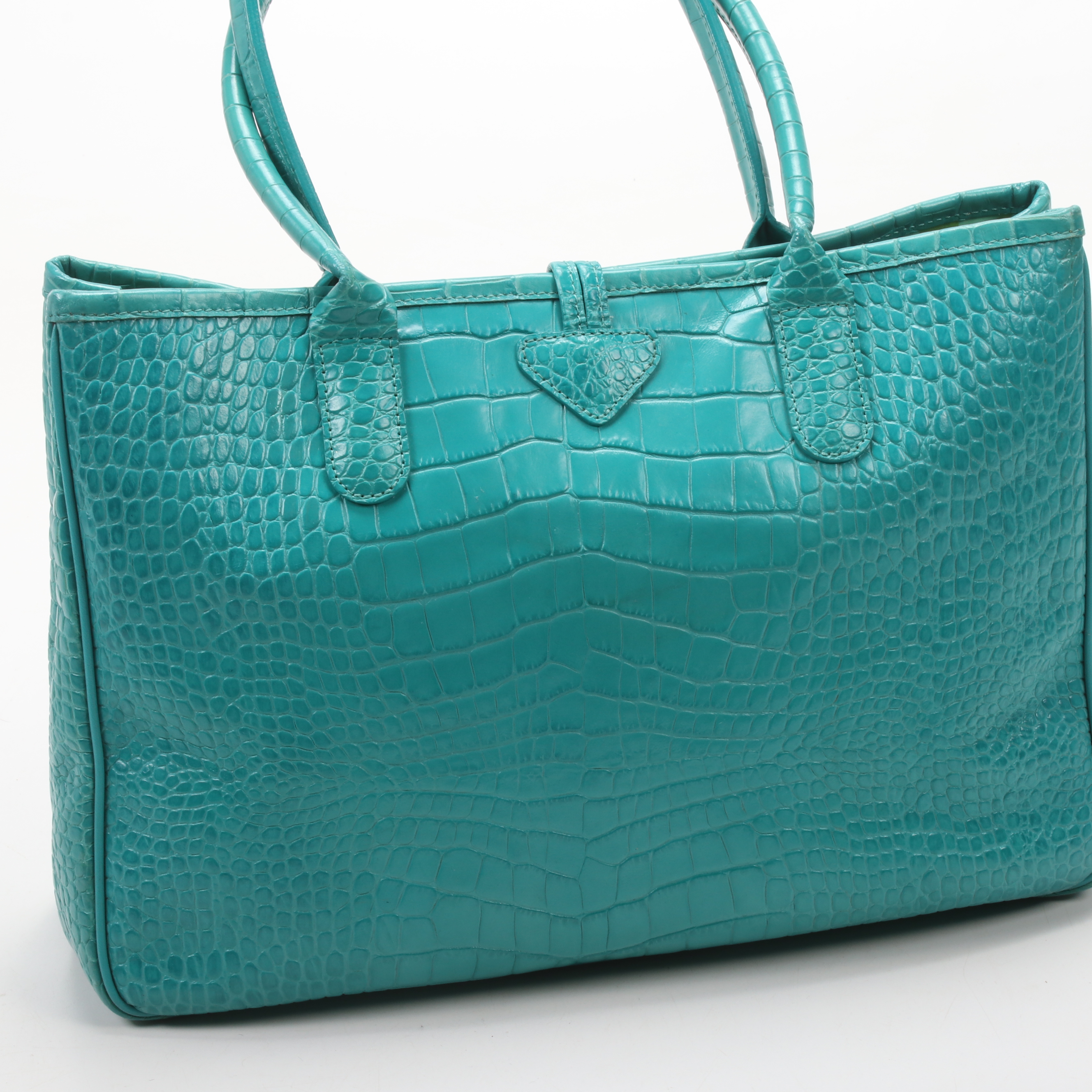 Longchamp Croc-Embossed Turquoise Leather Roseau Toggle Tote Shoulder Bag