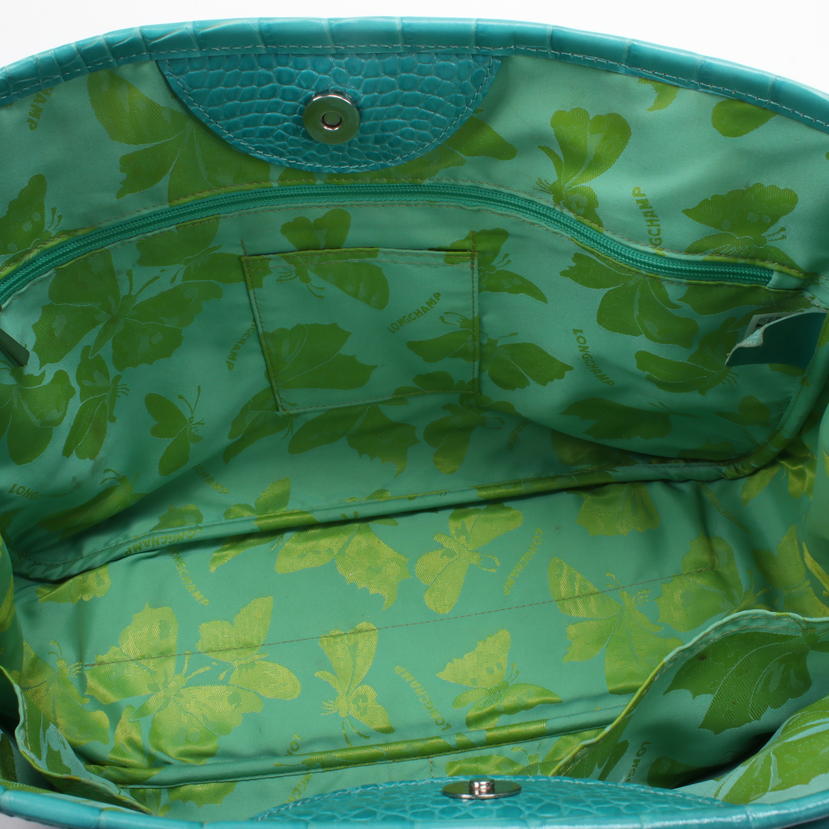 Longchamp Croc-Embossed Turquoise Leather Roseau Toggle Tote Shoulder Bag