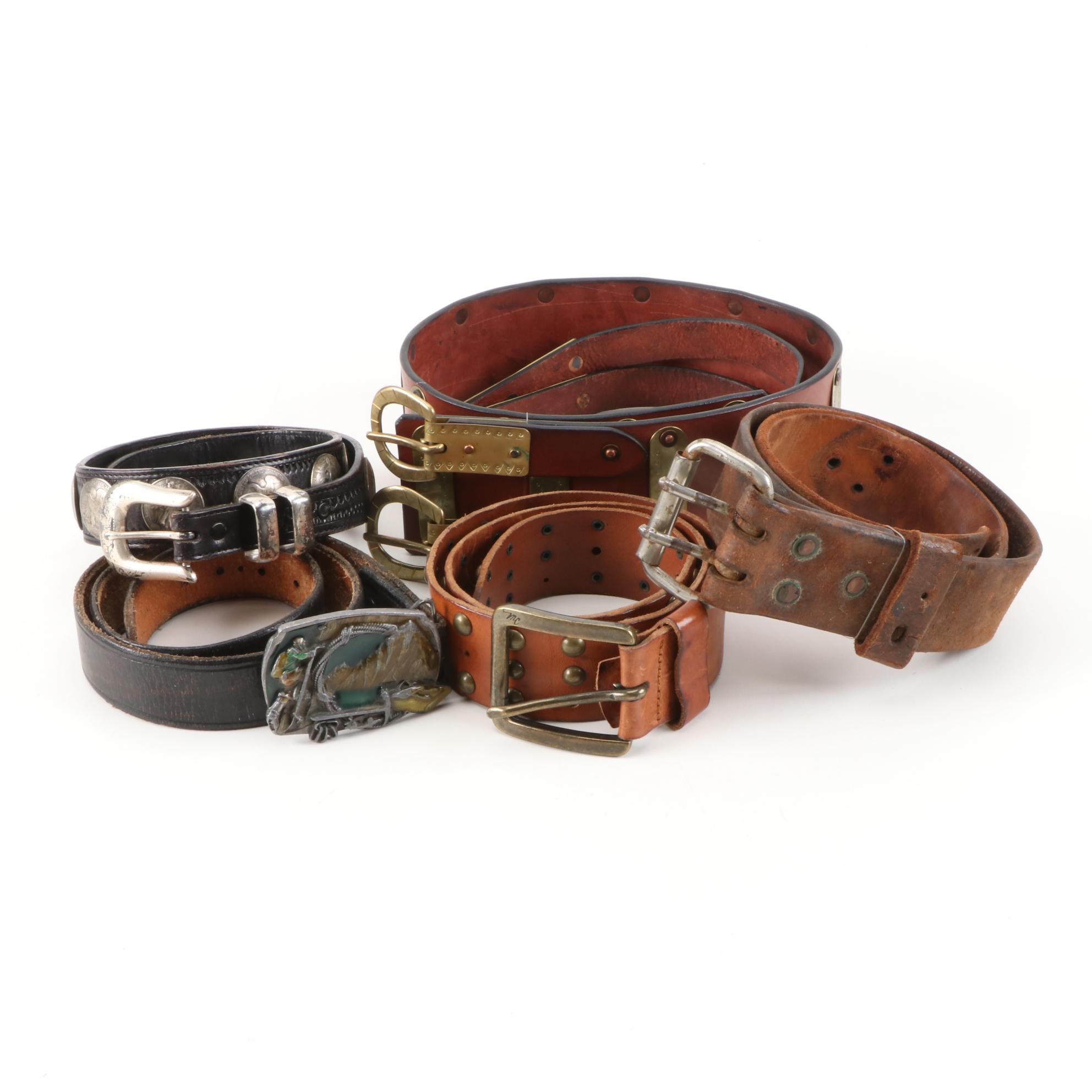 Siskiyou and Liberty Coin Tooled Black Leather Belt with Other Belts, Vintage