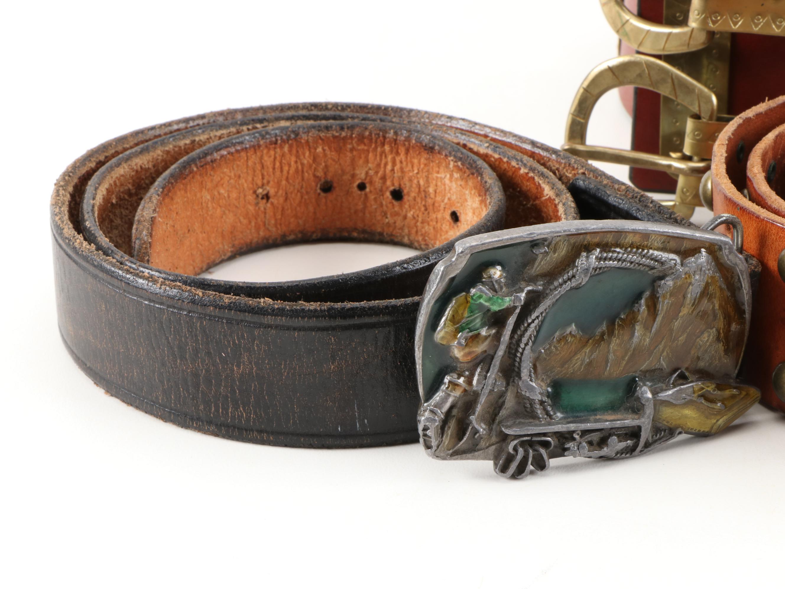Siskiyou and Liberty Coin Tooled Black Leather Belt with Other Belts, Vintage