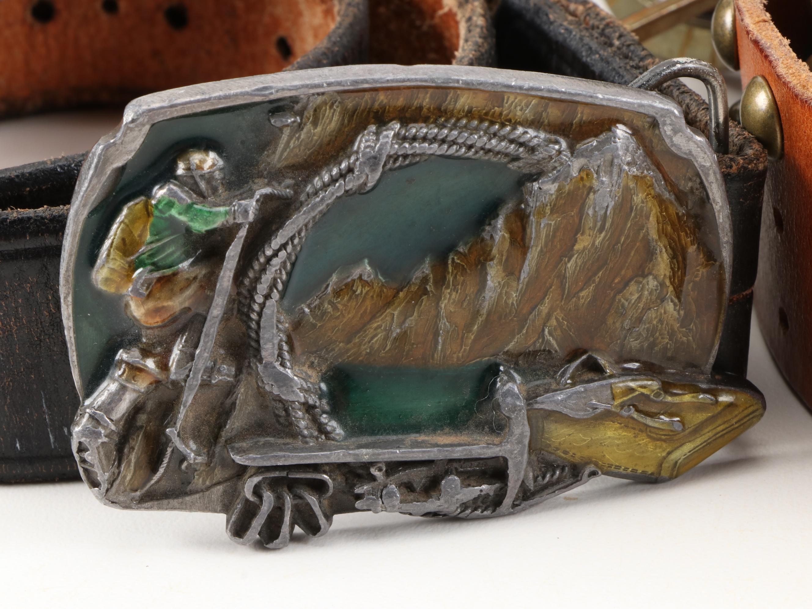 Siskiyou and Liberty Coin Tooled Black Leather Belt with Other Belts, Vintage