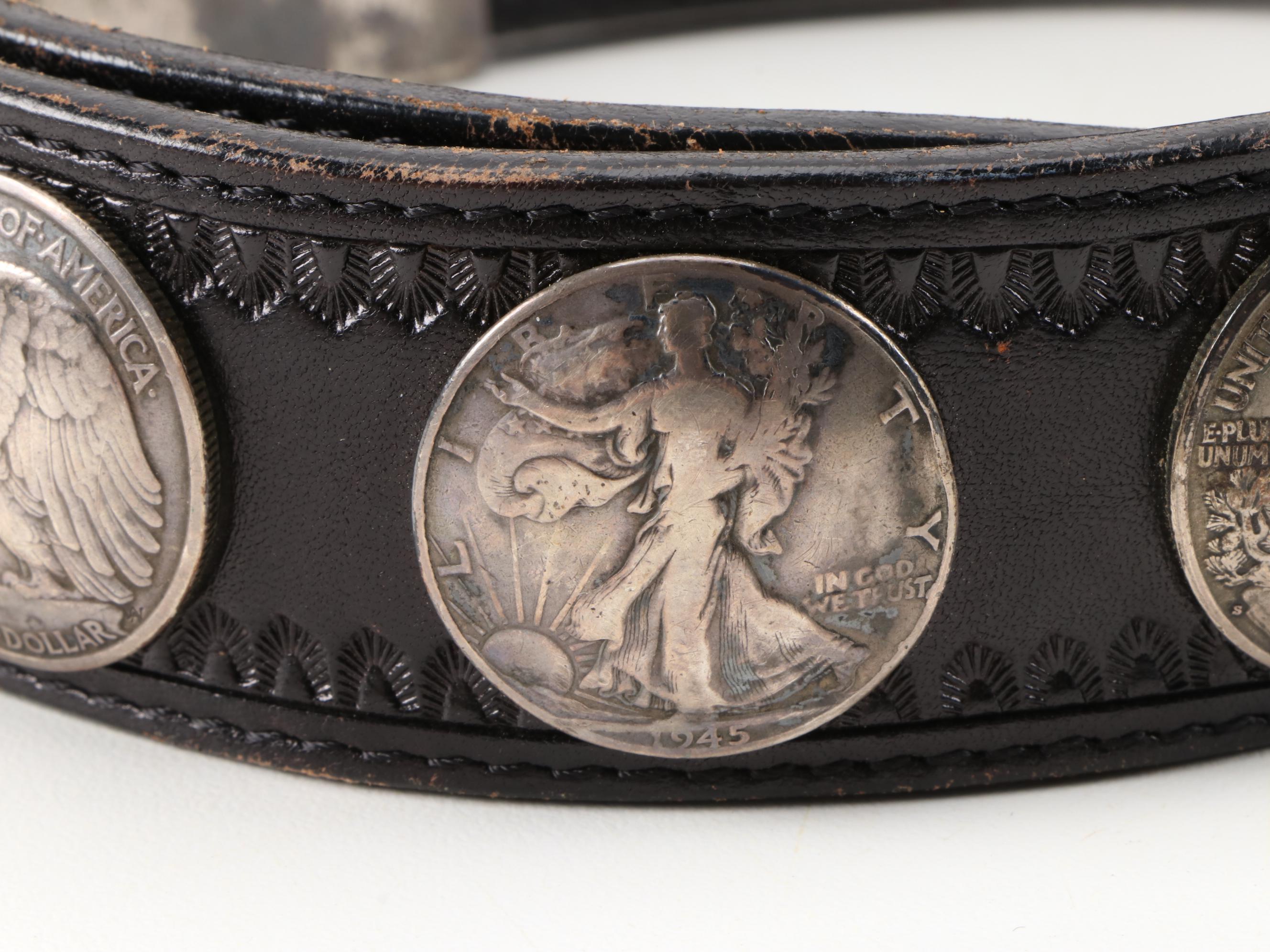 Siskiyou and Liberty Coin Tooled Black Leather Belt with Other Belts, Vintage