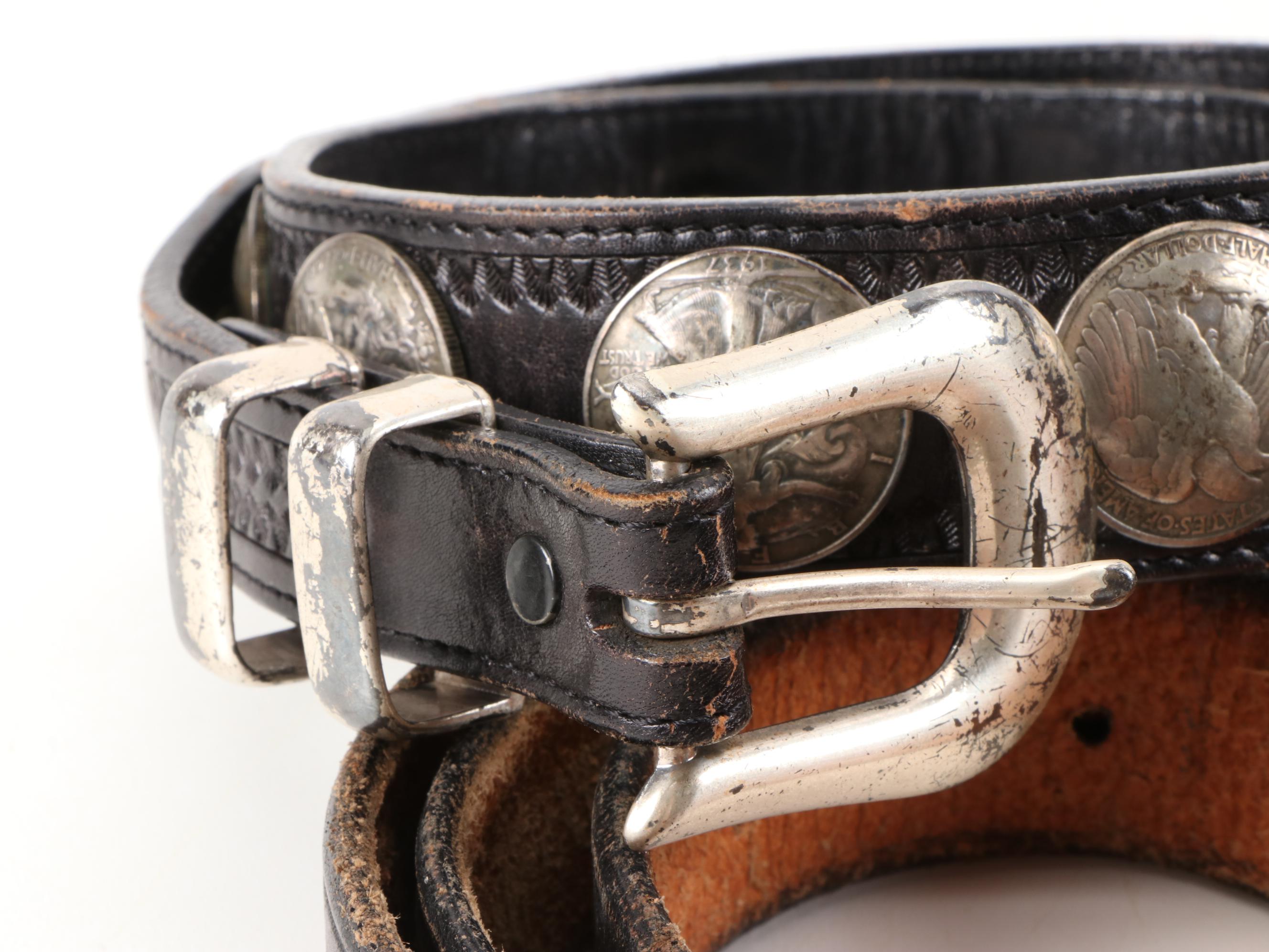 Siskiyou and Liberty Coin Tooled Black Leather Belt with Other Belts, Vintage