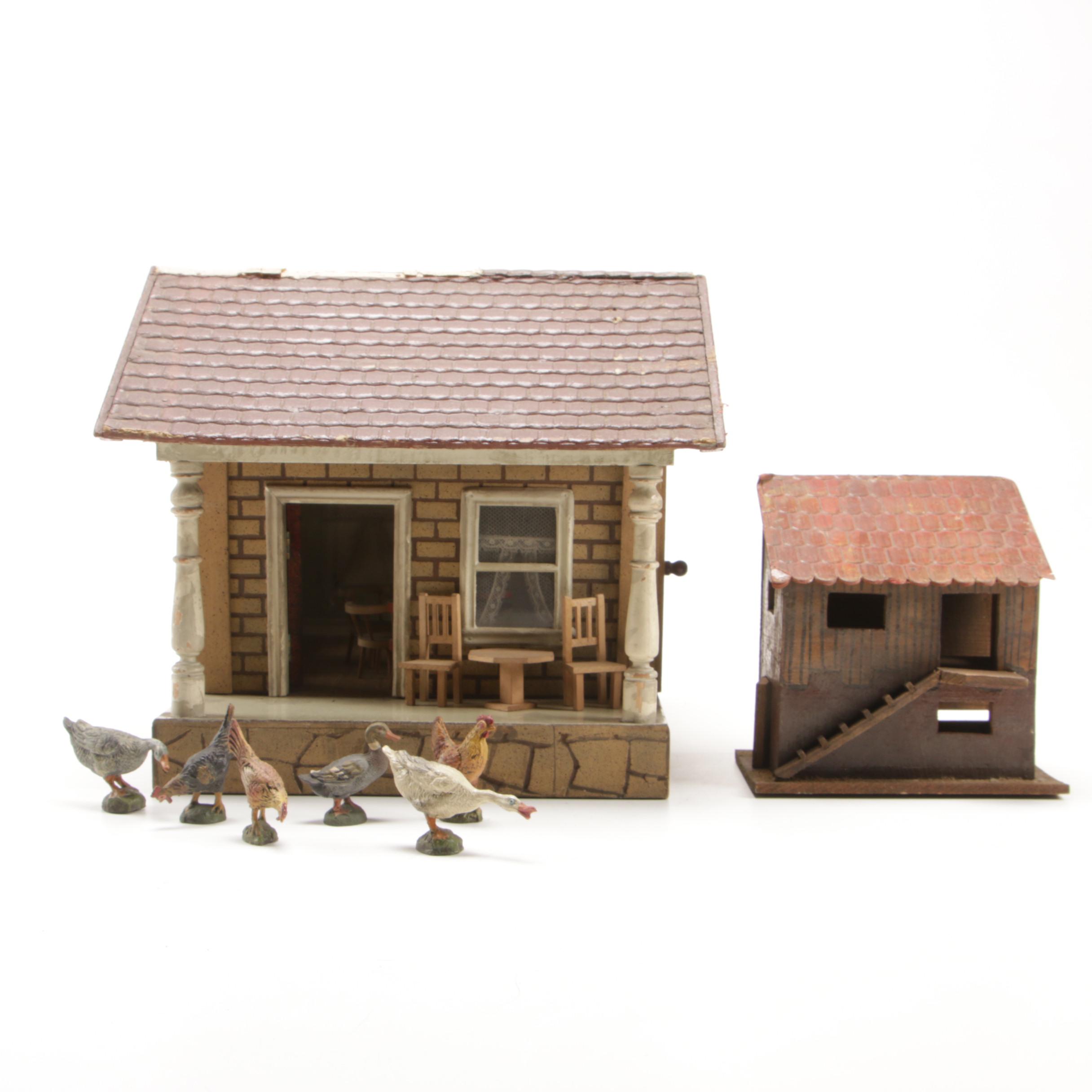 Schoenhut Bungalow Style Toy House with Furniture and Chickens, 1920s