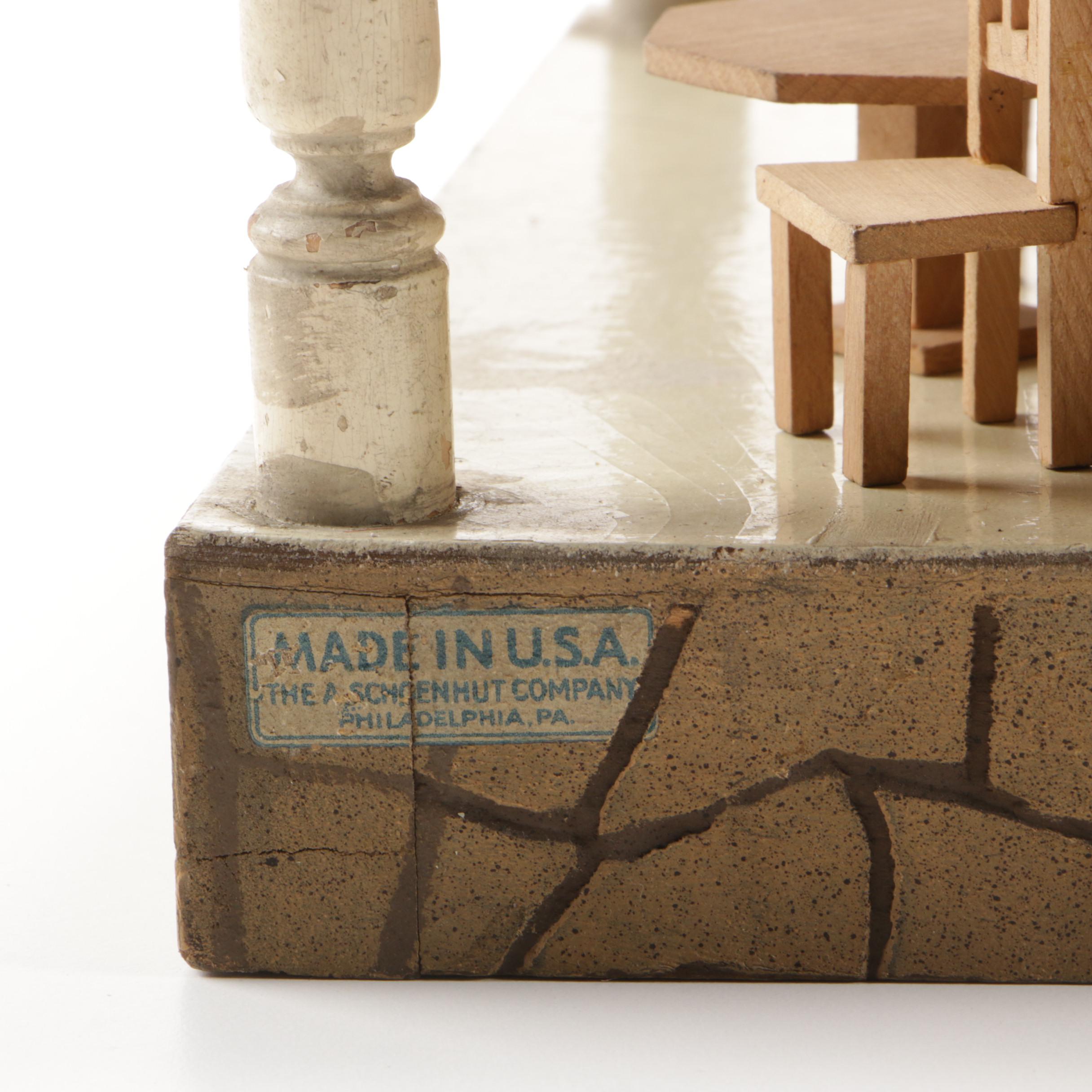 Schoenhut Bungalow Style Toy House with Furniture and Chickens, 1920s