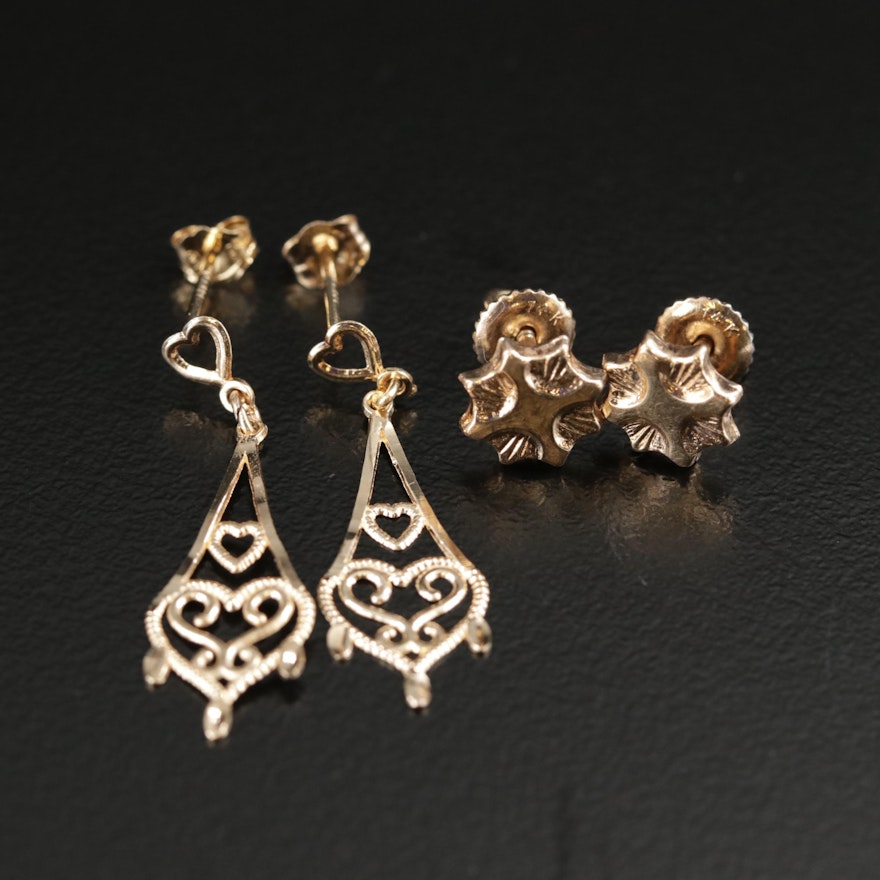 14K Yellow Gold Stud and Heart Drop Earrings