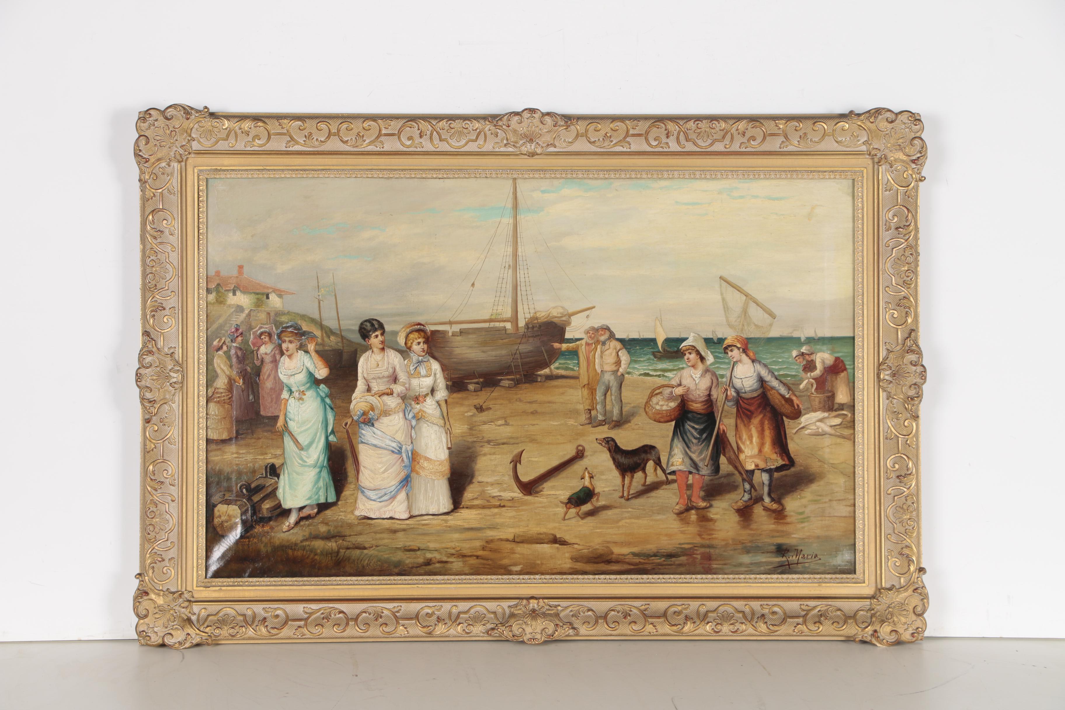 Monumental Seaside Genre Scene Oil Painting