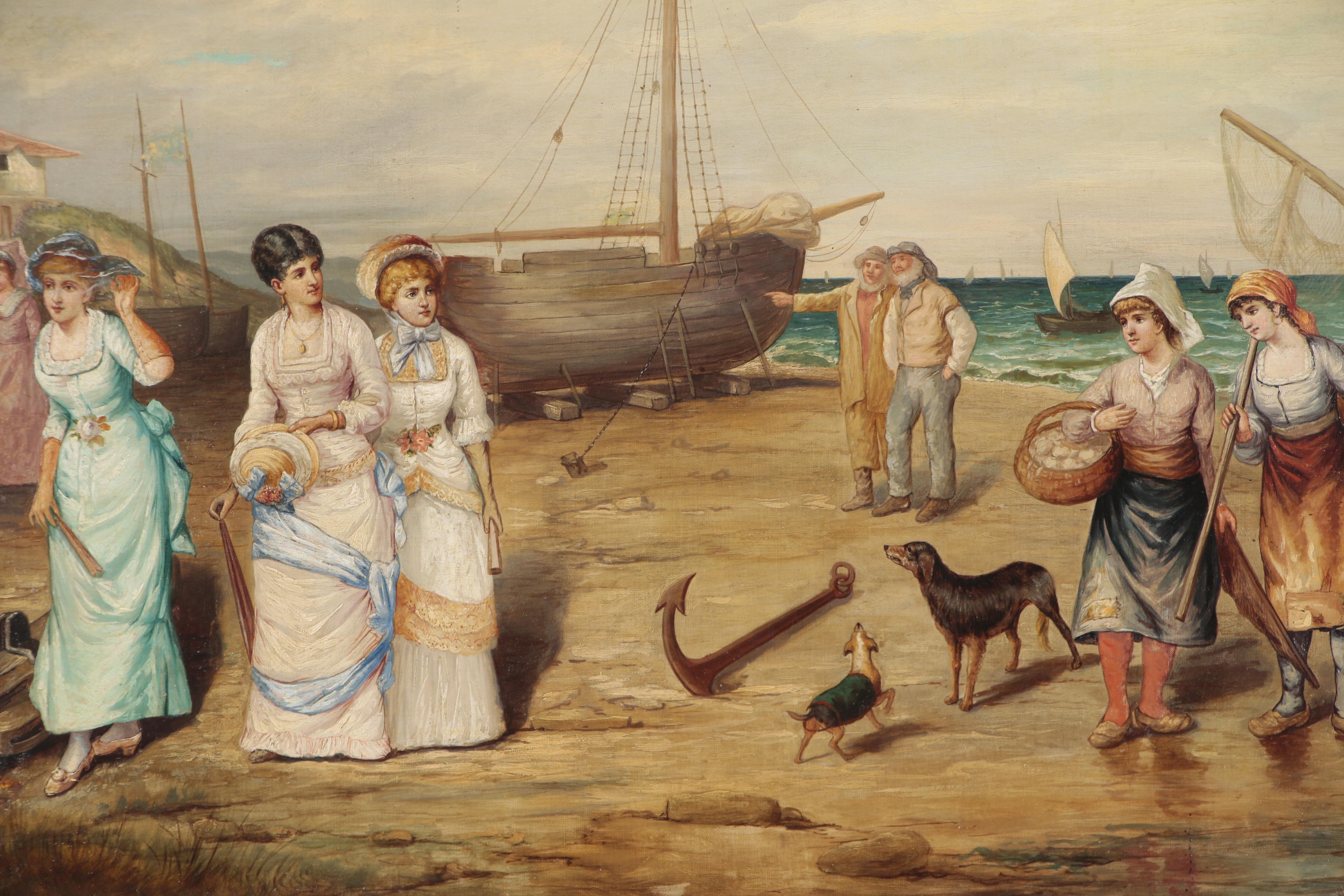 Monumental Seaside Genre Scene Oil Painting