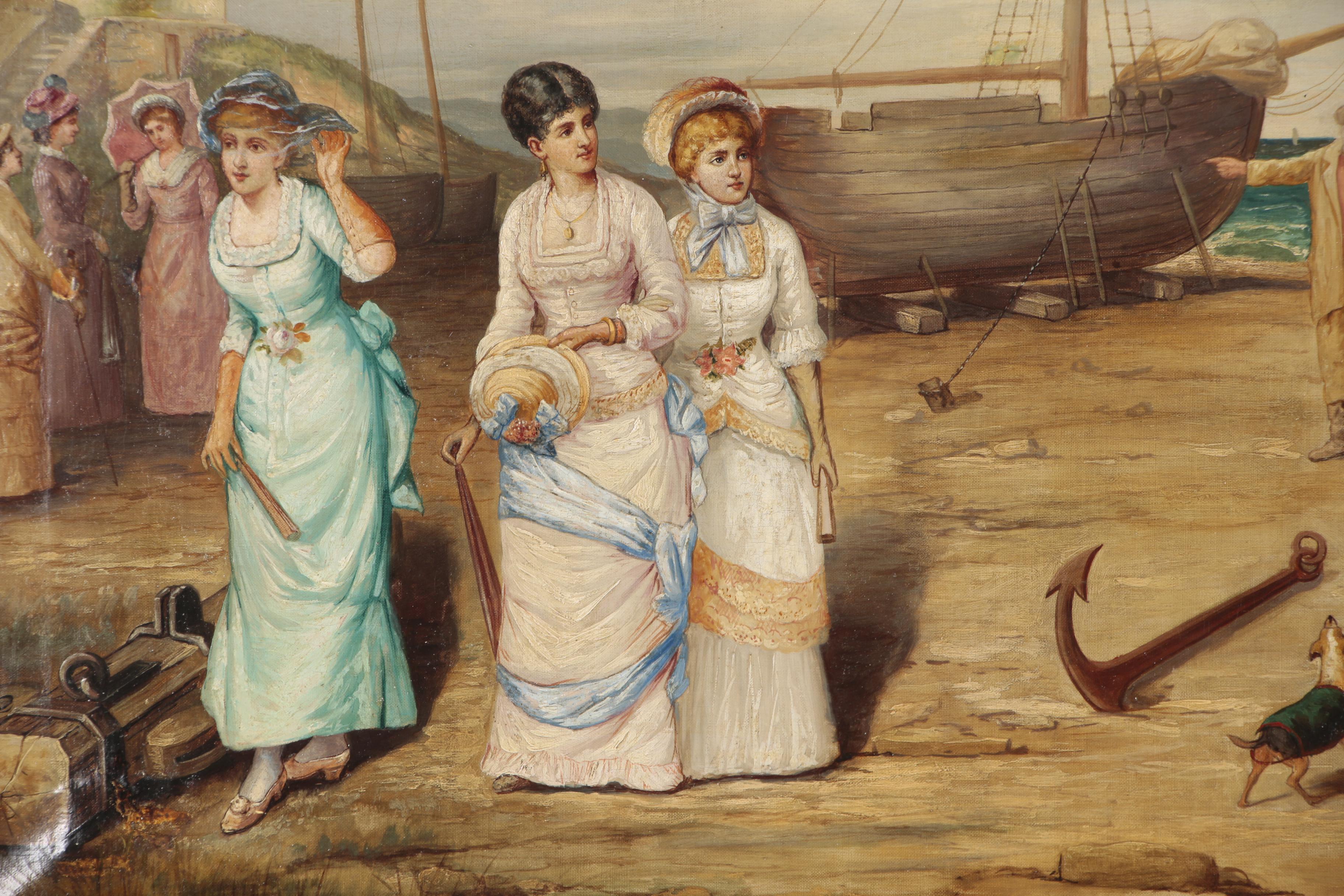 Monumental Seaside Genre Scene Oil Painting