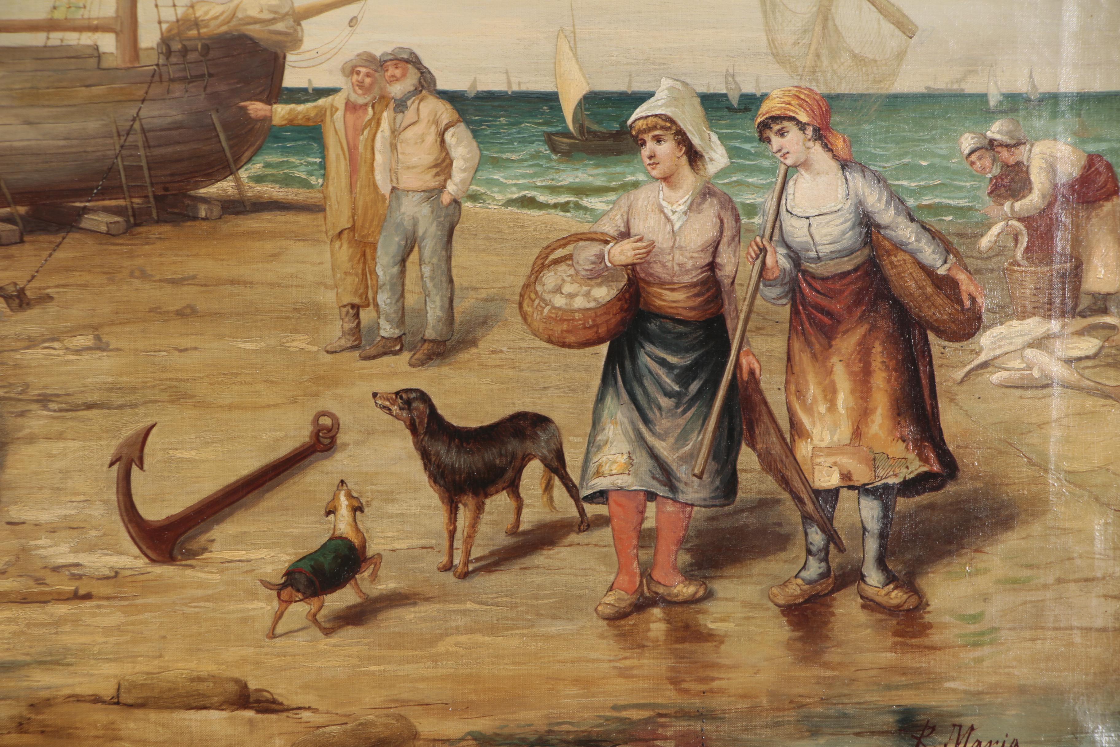 Monumental Seaside Genre Scene Oil Painting