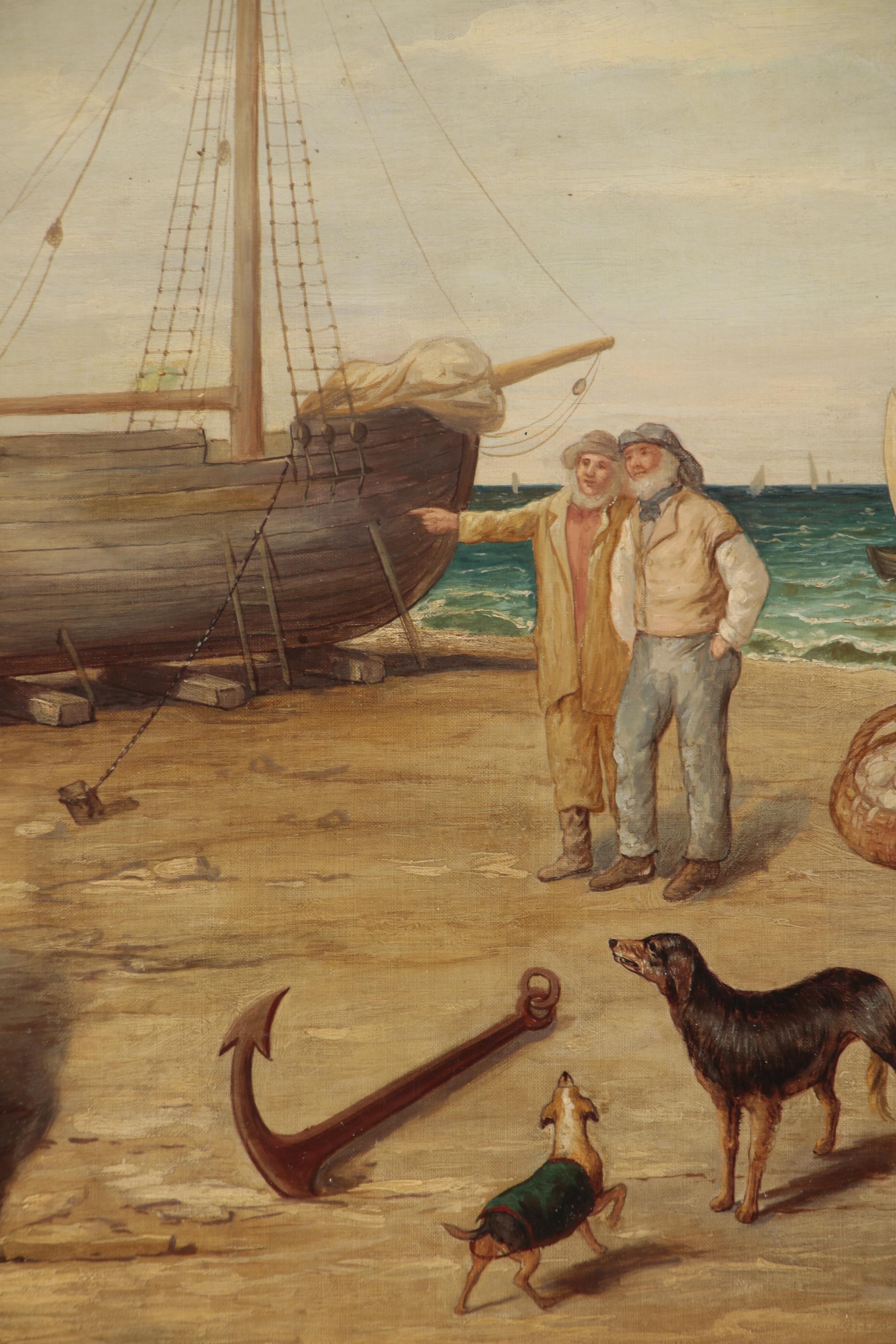 Monumental Seaside Genre Scene Oil Painting