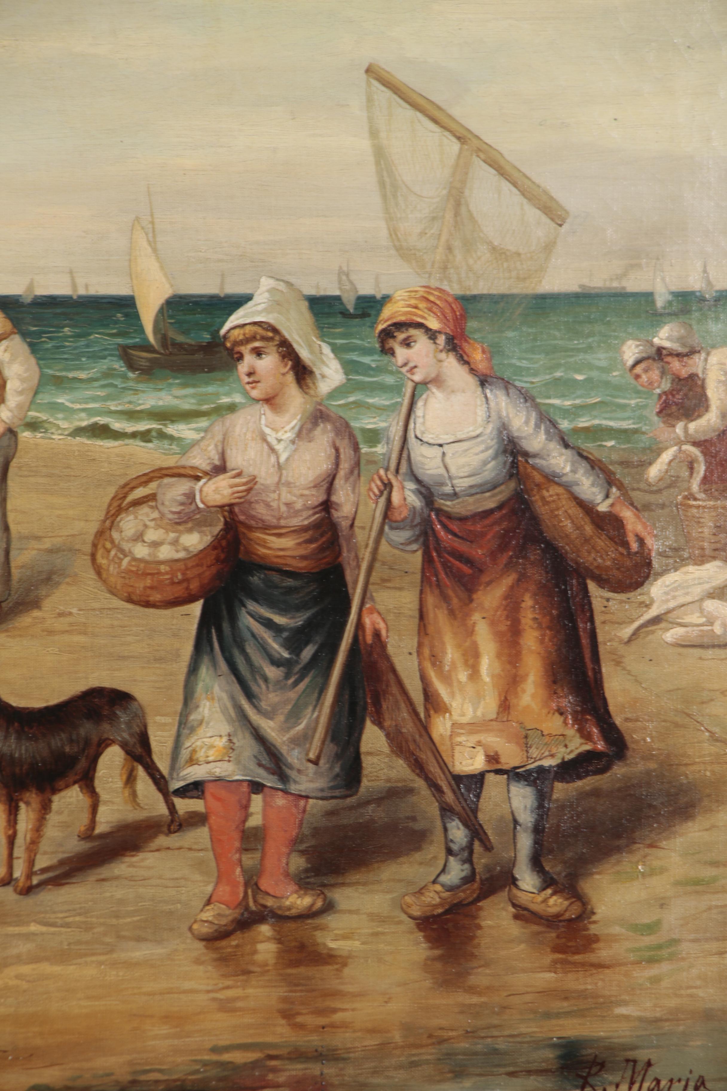 Monumental Seaside Genre Scene Oil Painting