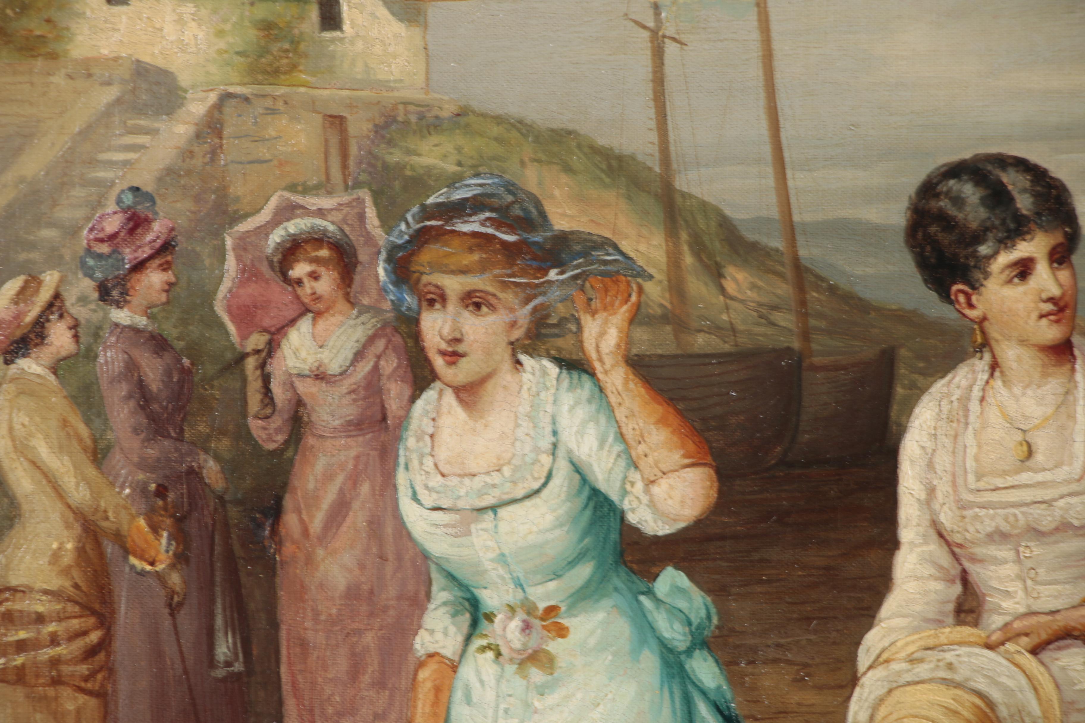 Monumental Seaside Genre Scene Oil Painting