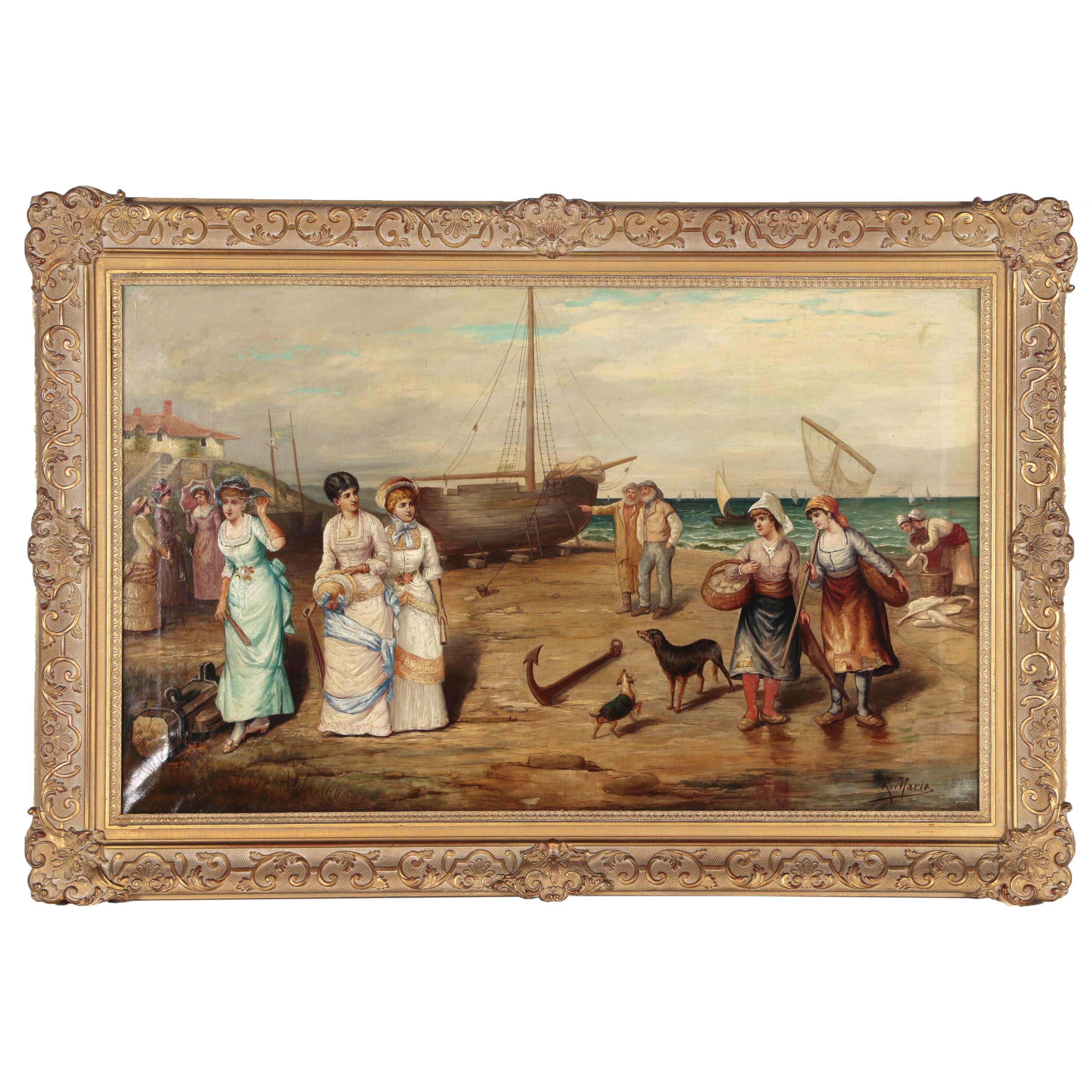 Monumental Seaside Genre Scene Oil Painting
