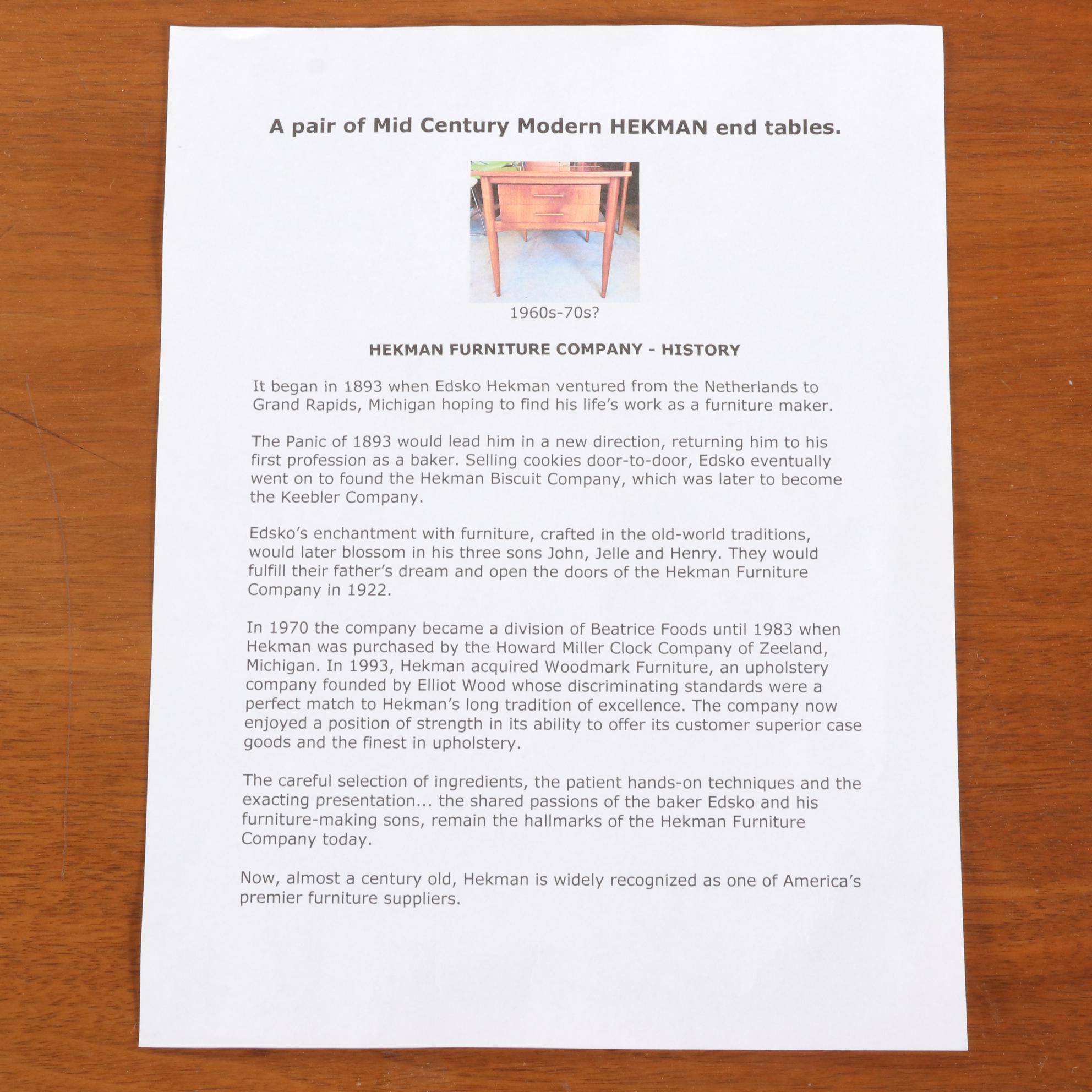 Pair of Hekman Mid Century Modern Walnut Side Tables