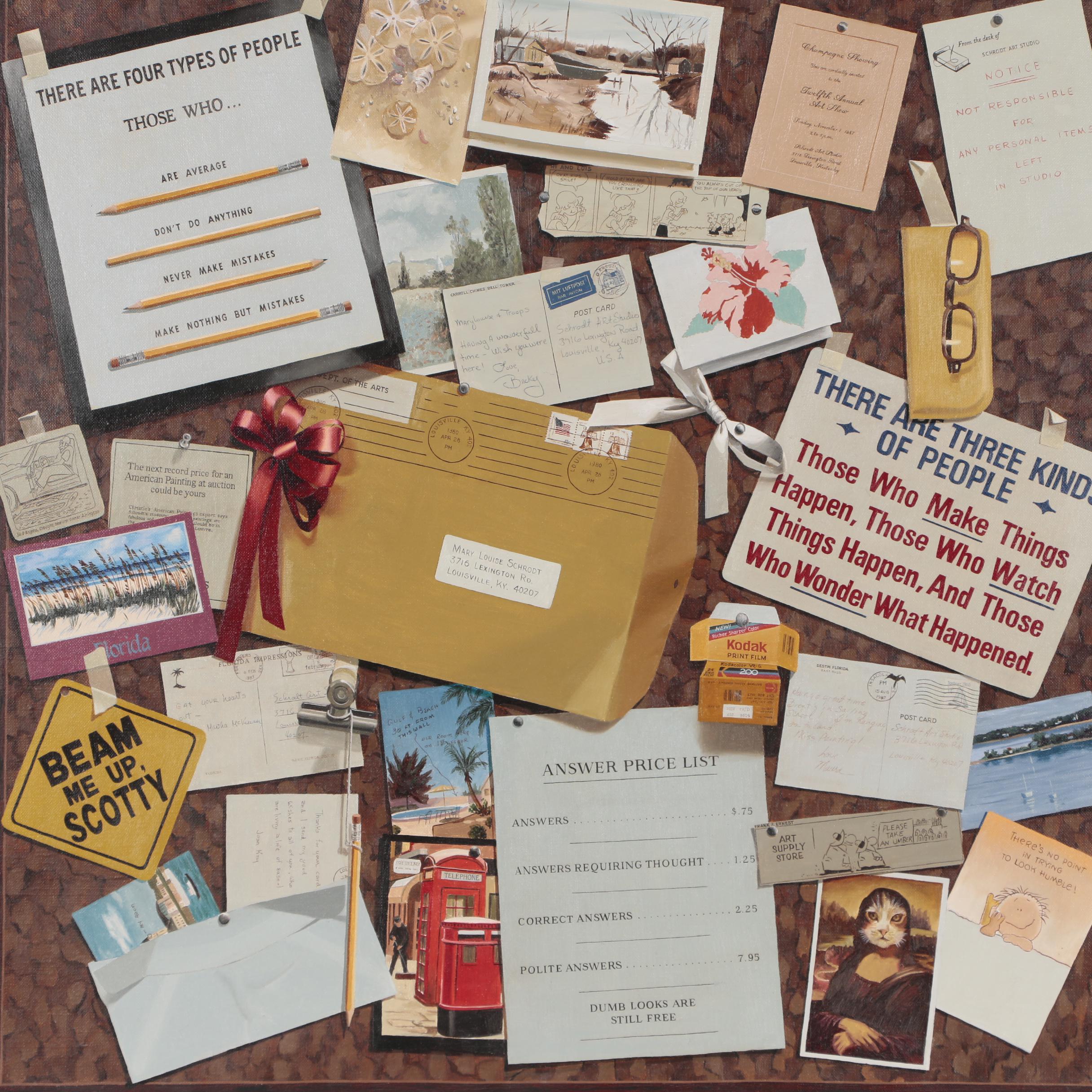 Mary Louise Schrodt Trompe-l'œil Oil Painting of a Corkboard, circa 1980