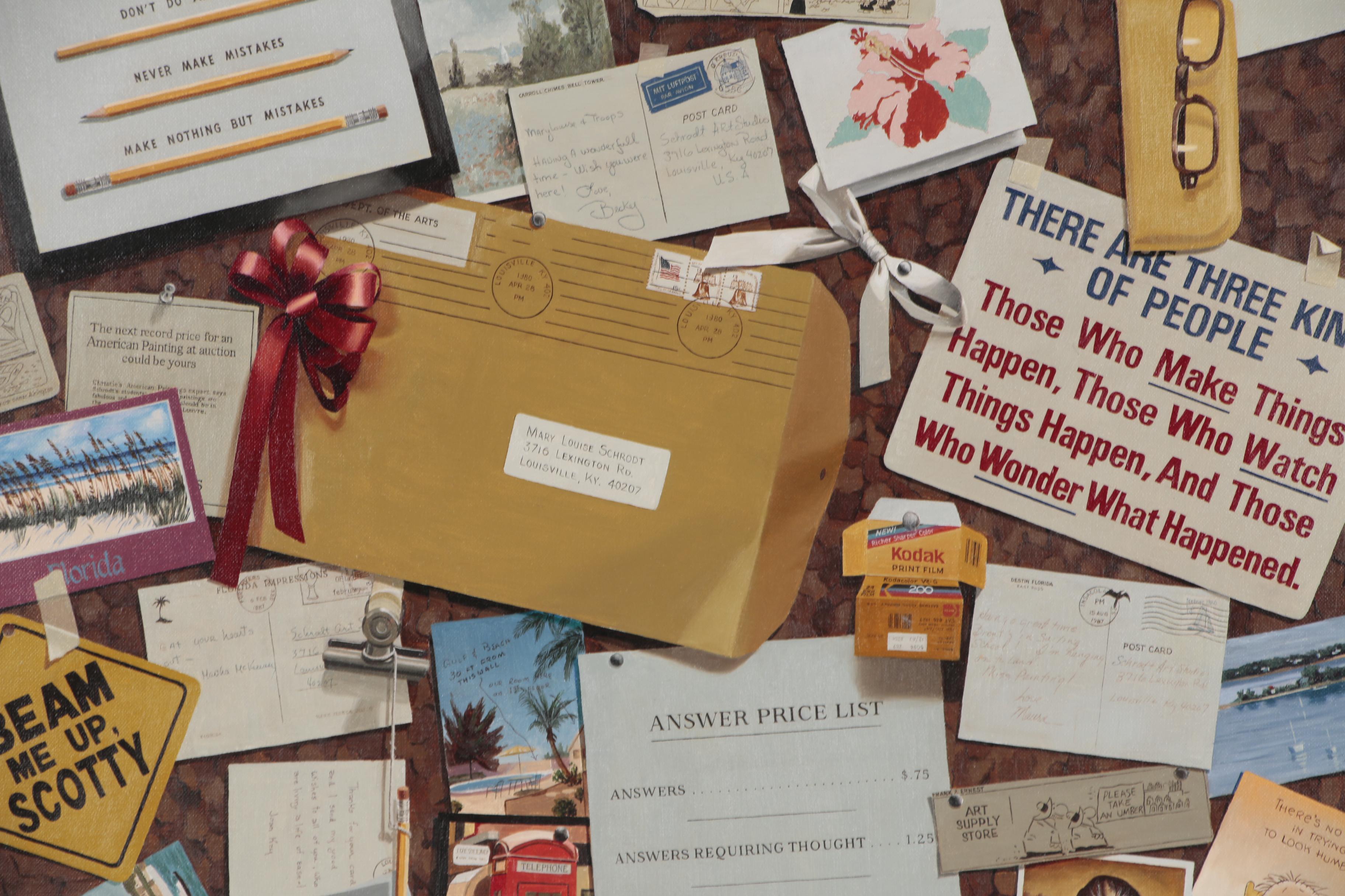 Mary Louise Schrodt Trompe-l'œil Oil Painting of a Corkboard, circa 1980