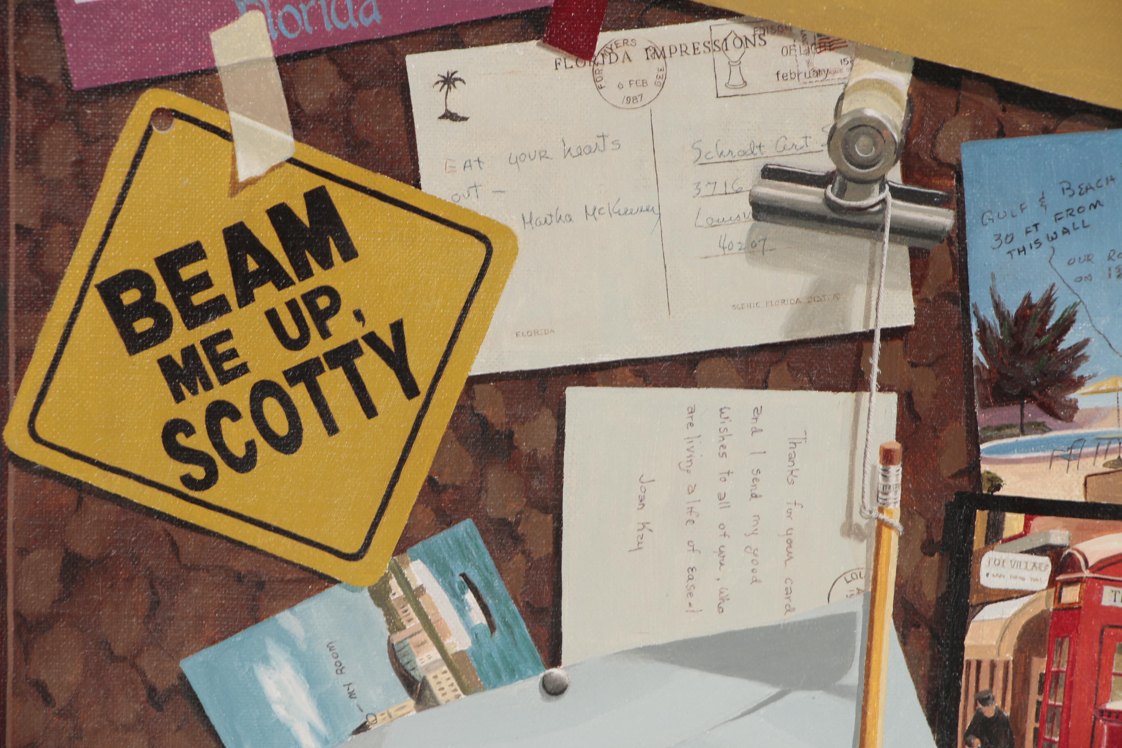 Mary Louise Schrodt Trompe-l'œil Oil Painting of a Corkboard, circa 1980