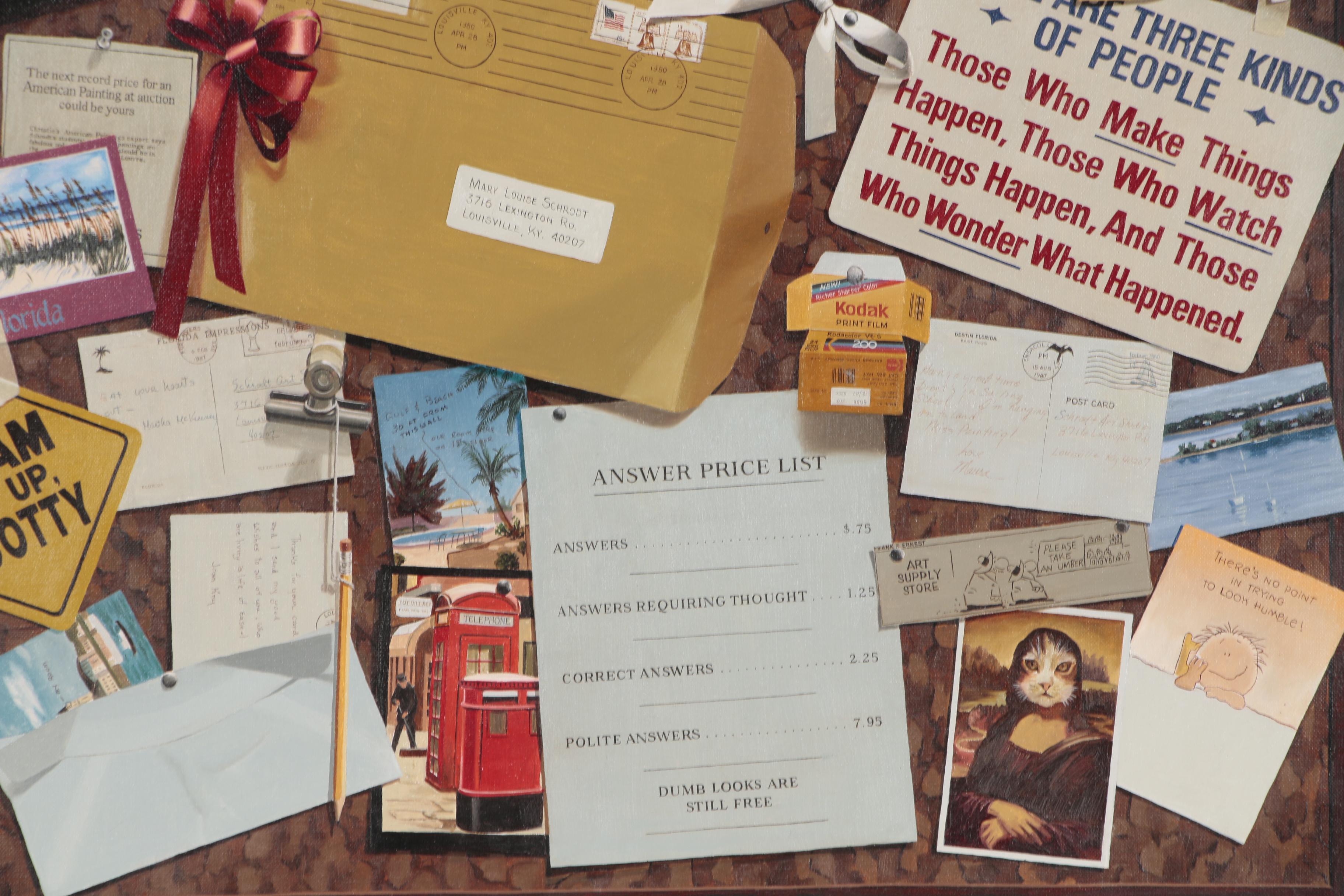Mary Louise Schrodt Trompe-l'œil Oil Painting of a Corkboard, circa 1980