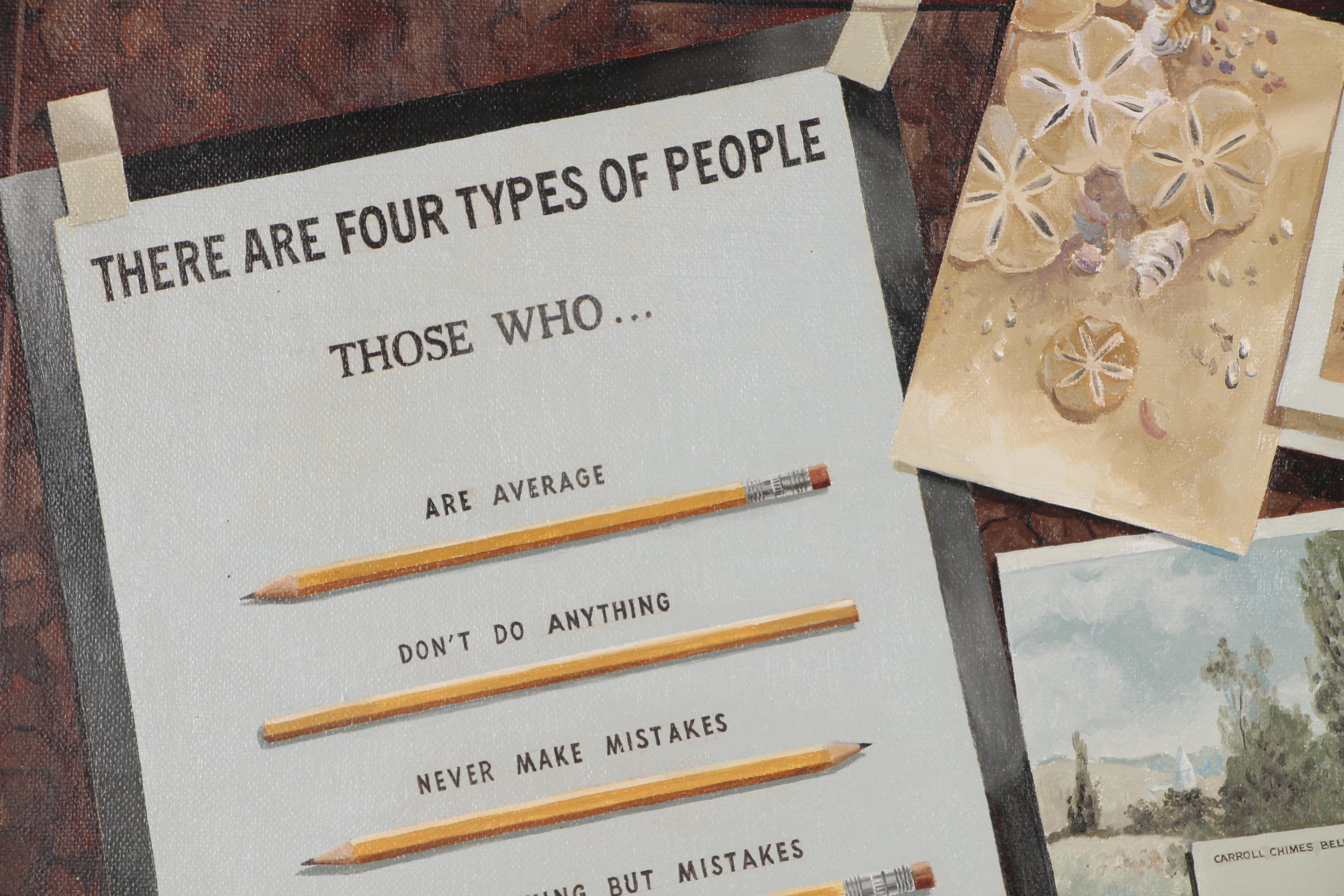 Mary Louise Schrodt Trompe-l'œil Oil Painting of a Corkboard, circa 1980