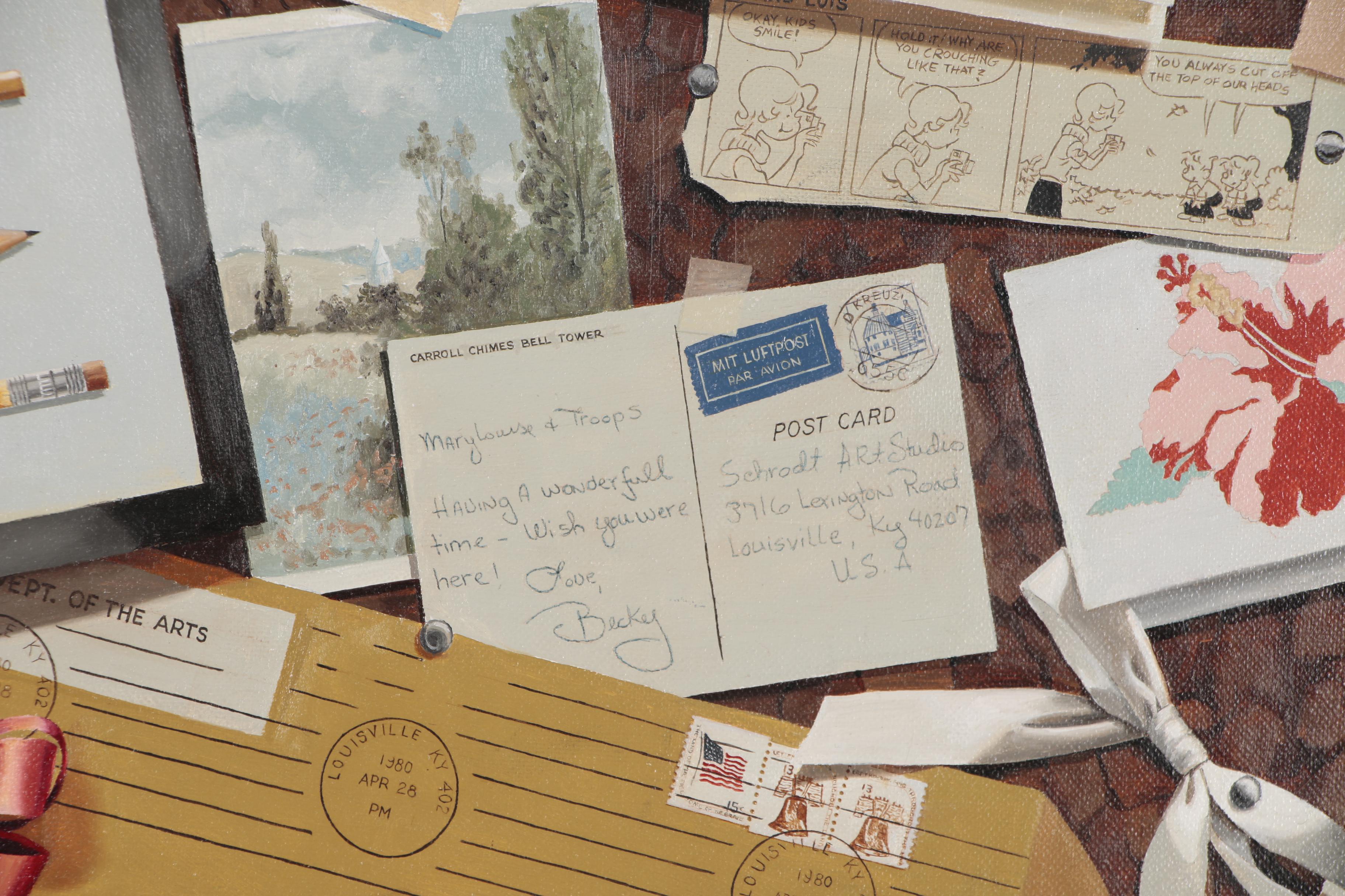 Mary Louise Schrodt Trompe-l'œil Oil Painting of a Corkboard, circa 1980