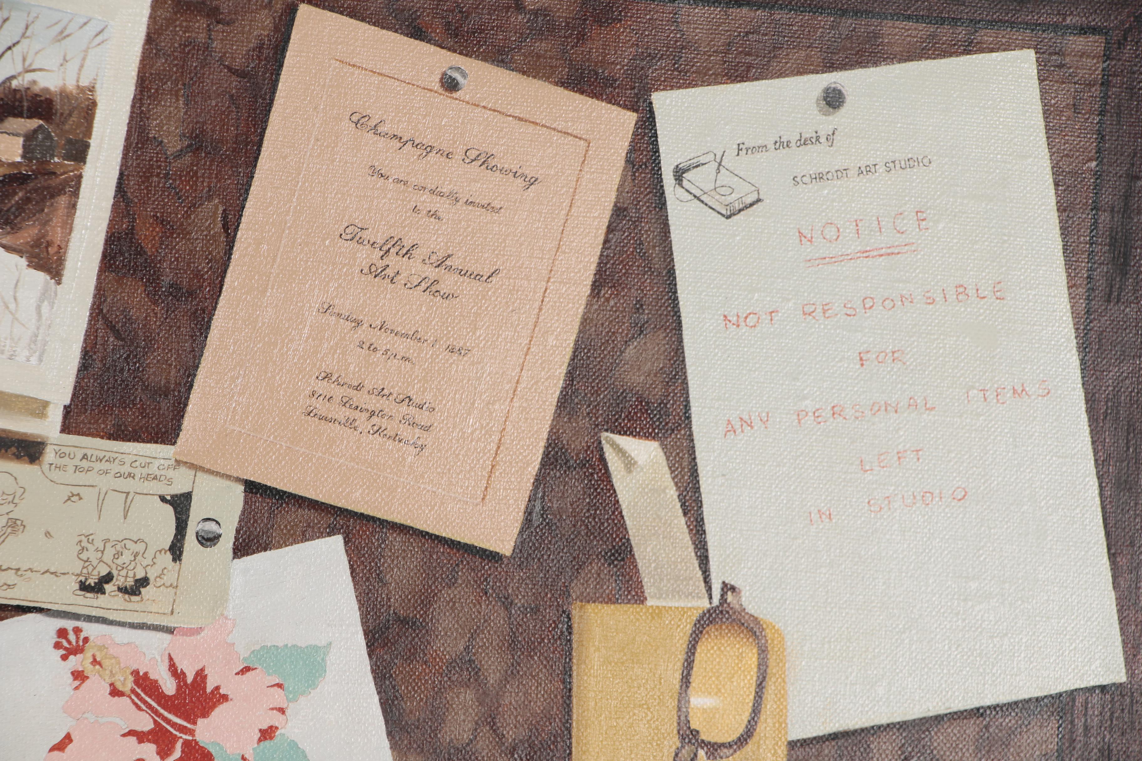 Mary Louise Schrodt Trompe-l'œil Oil Painting of a Corkboard, circa 1980