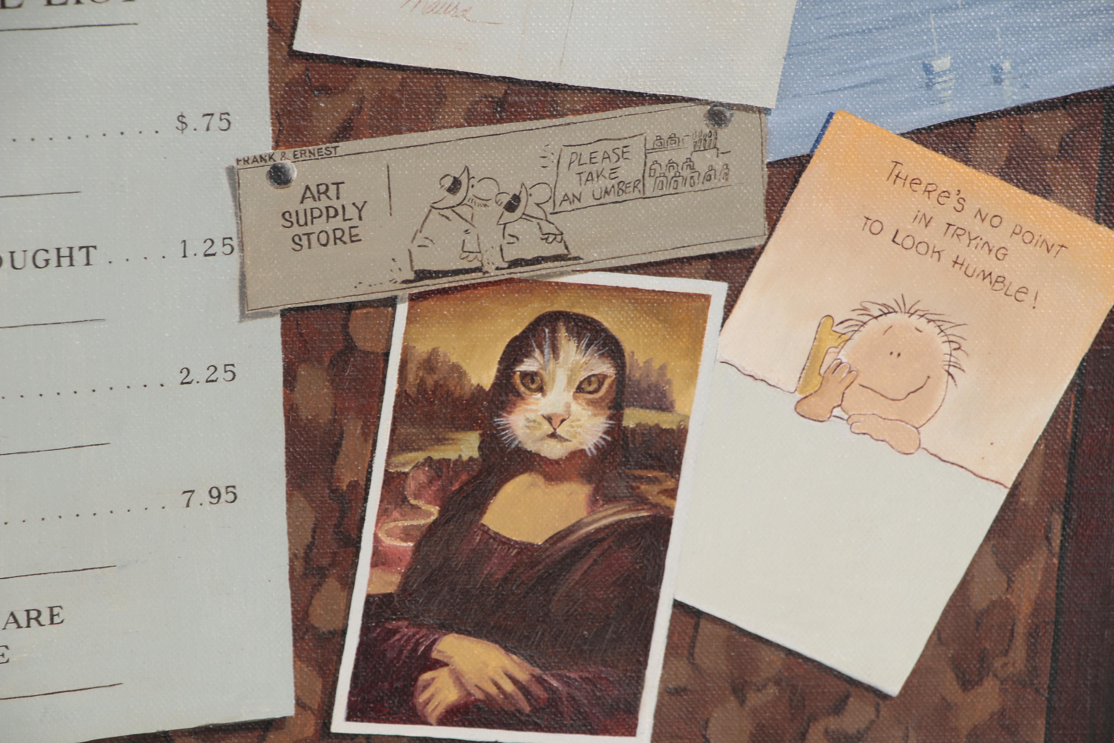 Mary Louise Schrodt Trompe-l'œil Oil Painting of a Corkboard, circa 1980